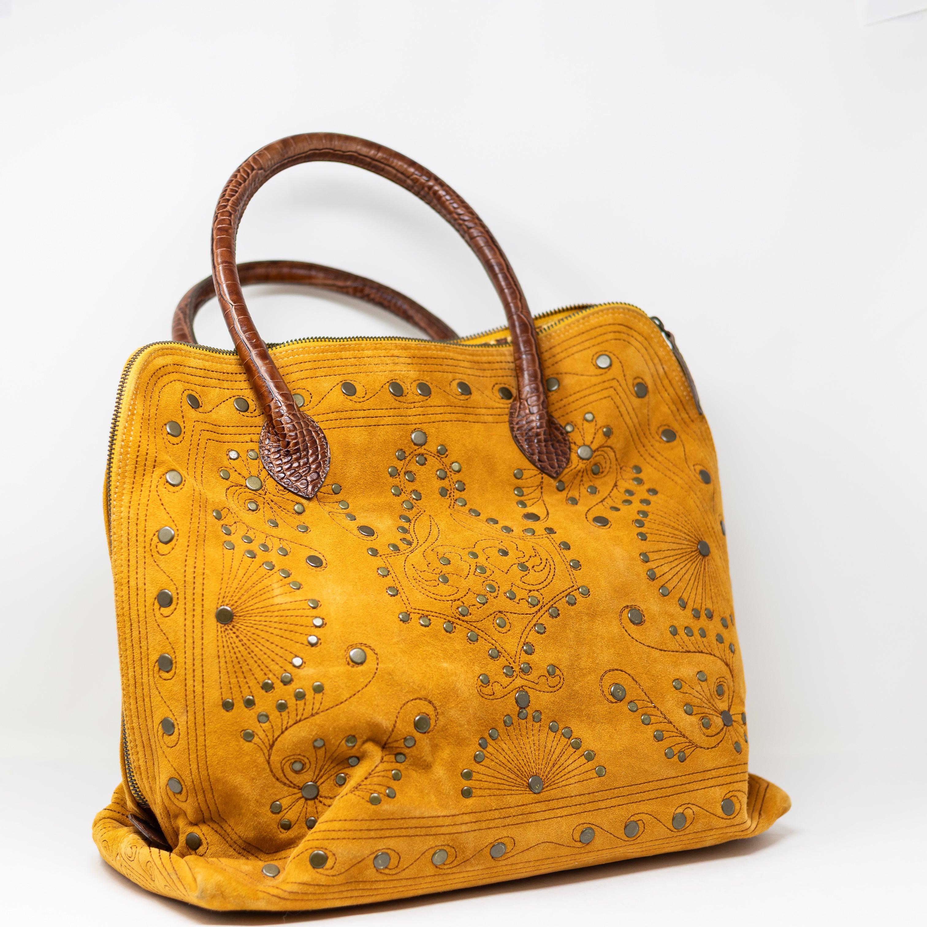 Kissa Genuine Suede Leather Studded Embellished Top Handle Satchel Purse Bag