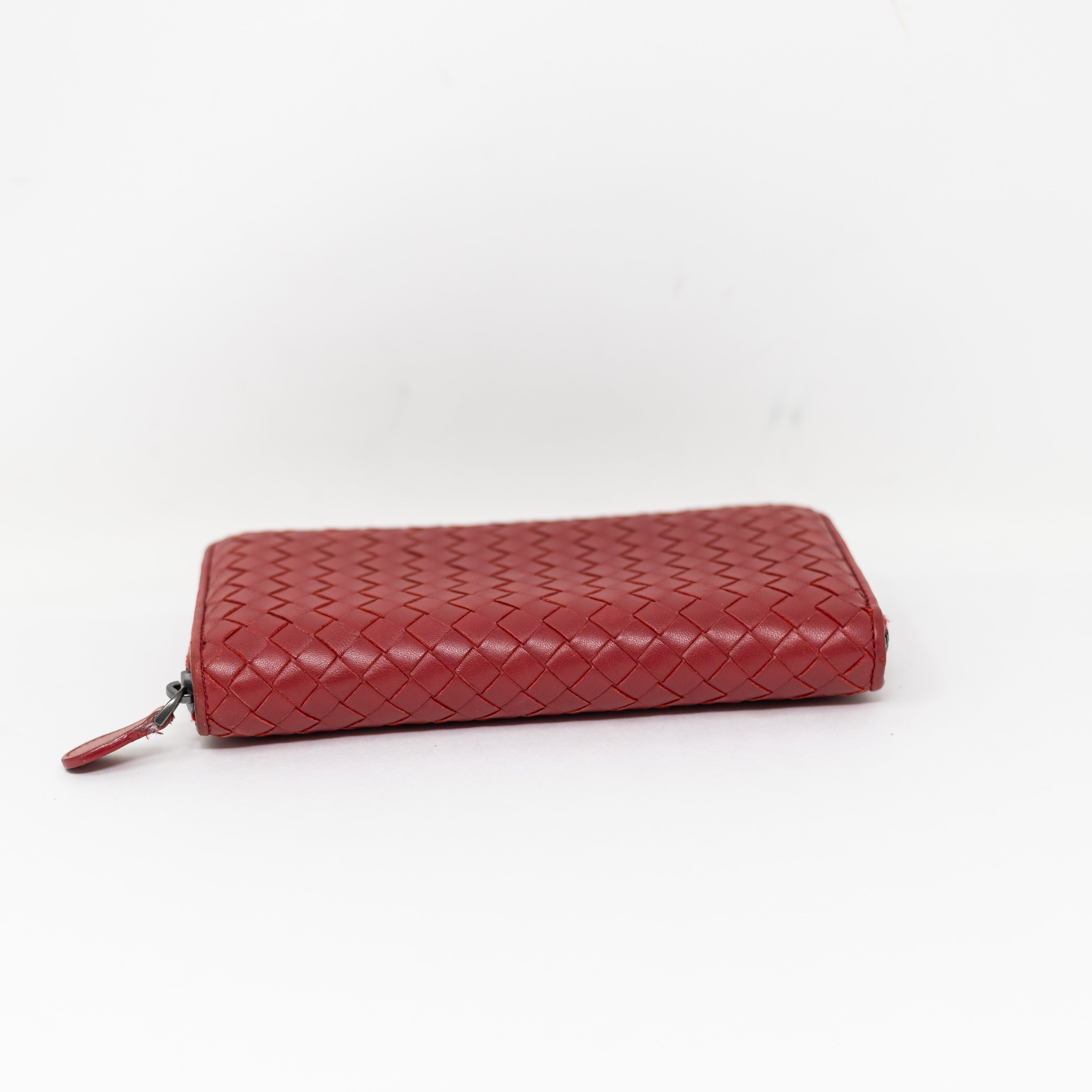 Bottega Veneta Made In Italy Genuine Leather Woven Weave Zip Around Wallet Red