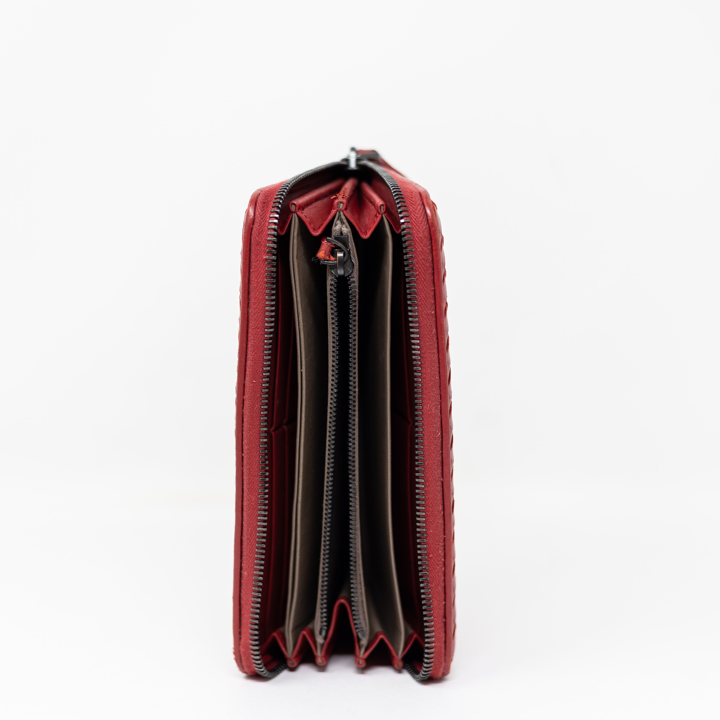 Bottega Veneta Made In Italy Genuine Leather Woven Weave Zip Around Wallet Red
