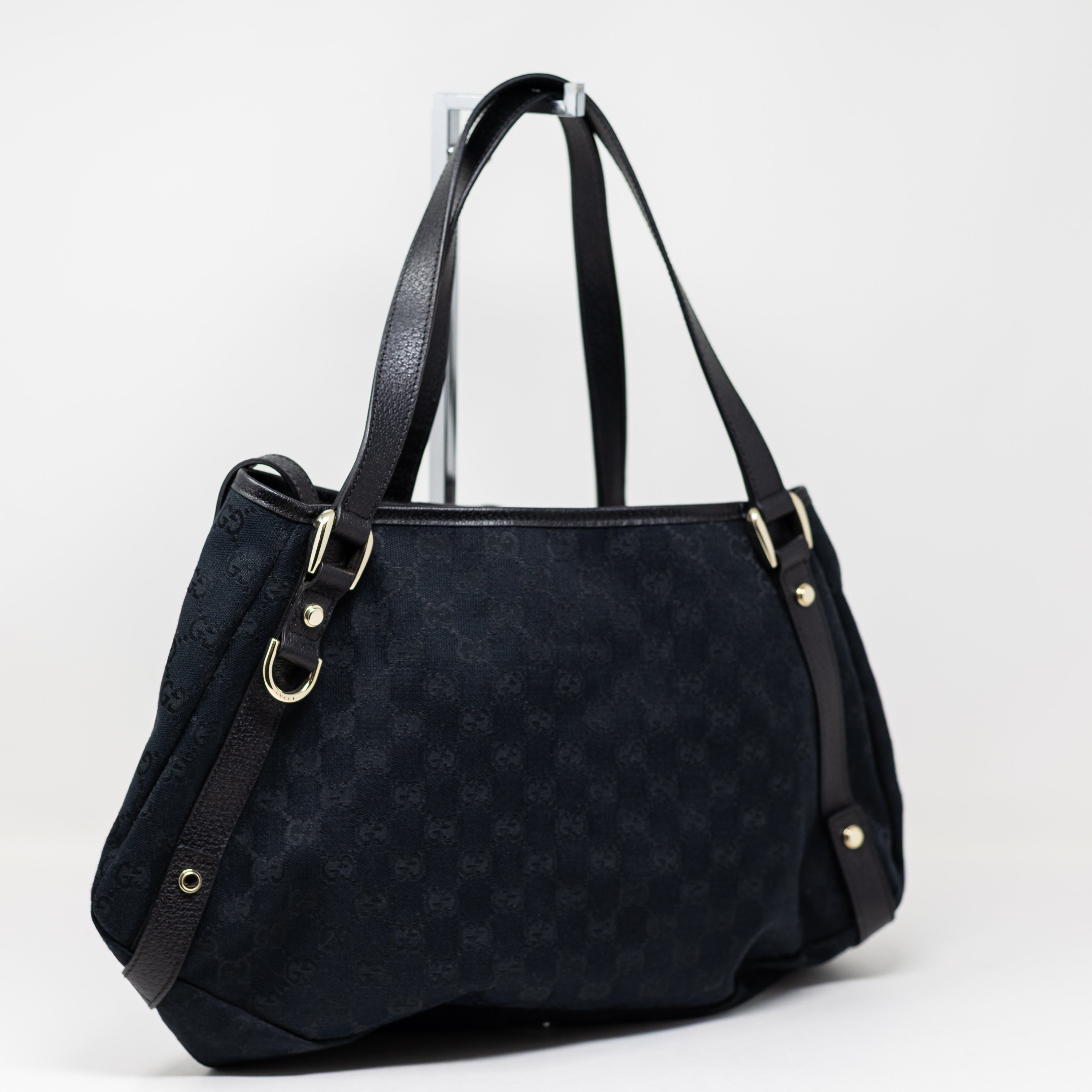 Gucci Abbey GG Logo Canvas Genuine Leather Trim Shoulder Tote Purse Bag Black