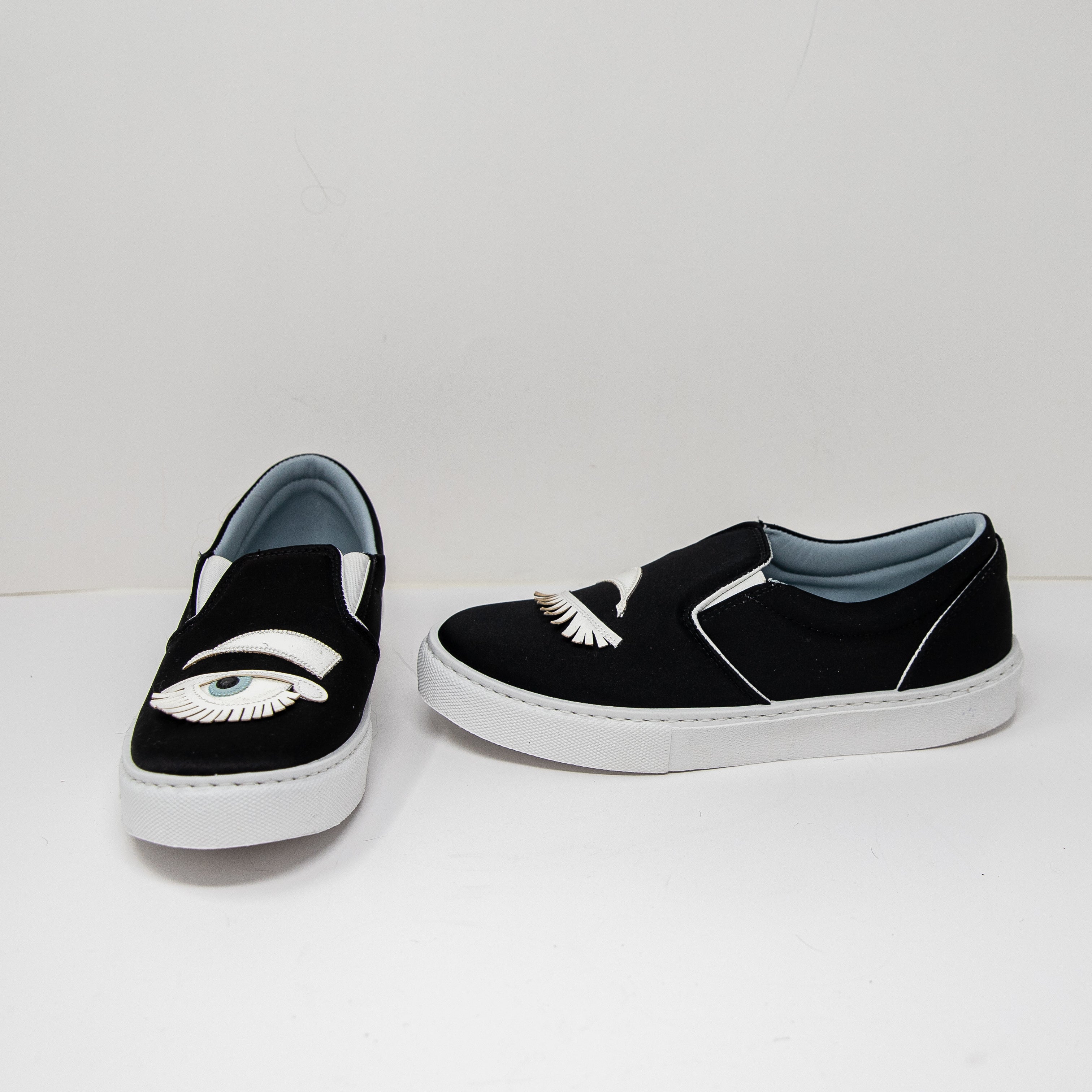 NEW Chiara Ferragni Flirting Wink Neoprene Low Top Slip On Sneakers Shoes Black