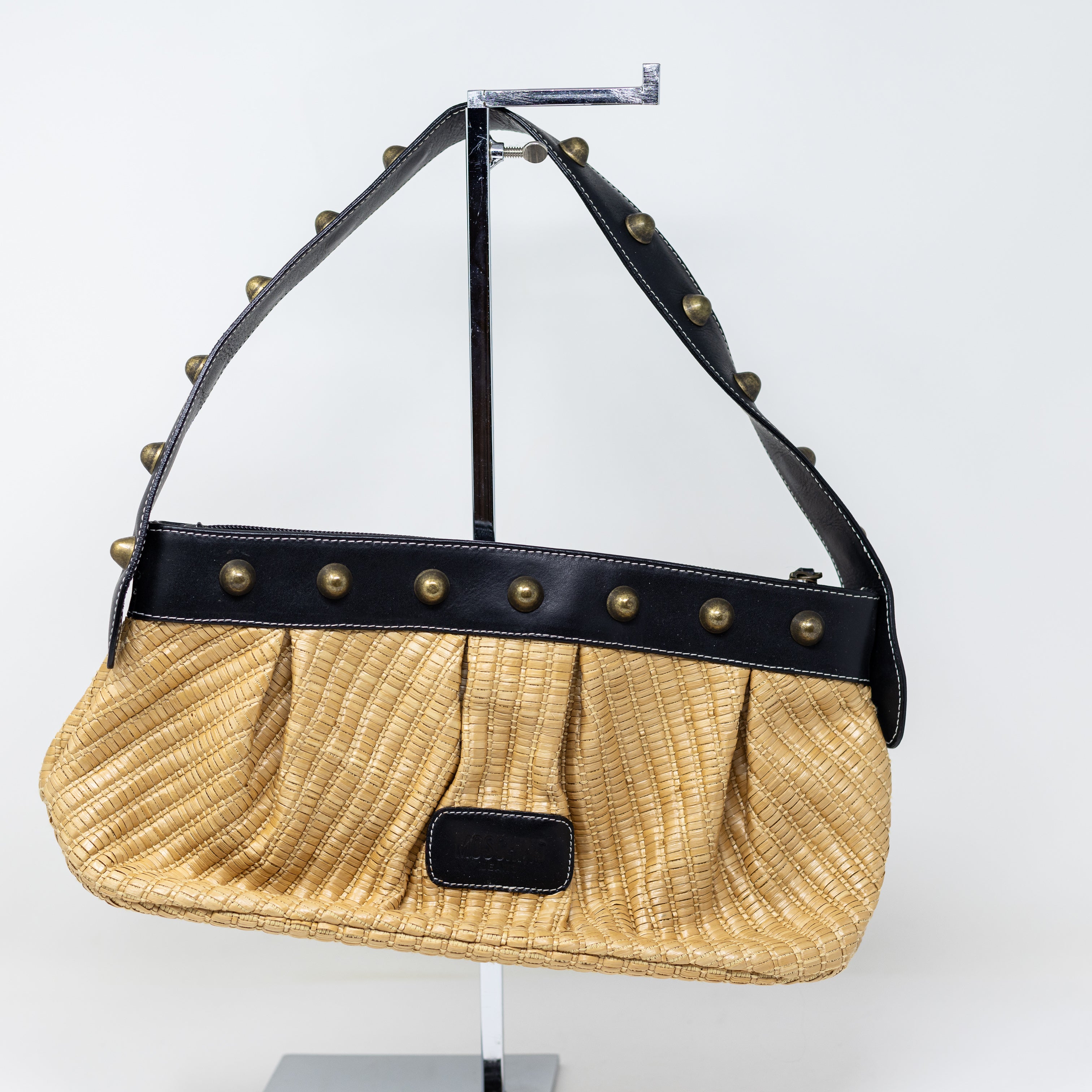 Moschino Jeans Vintage Raffia Straw Woven Leather Trim Studded Shoulder Purse