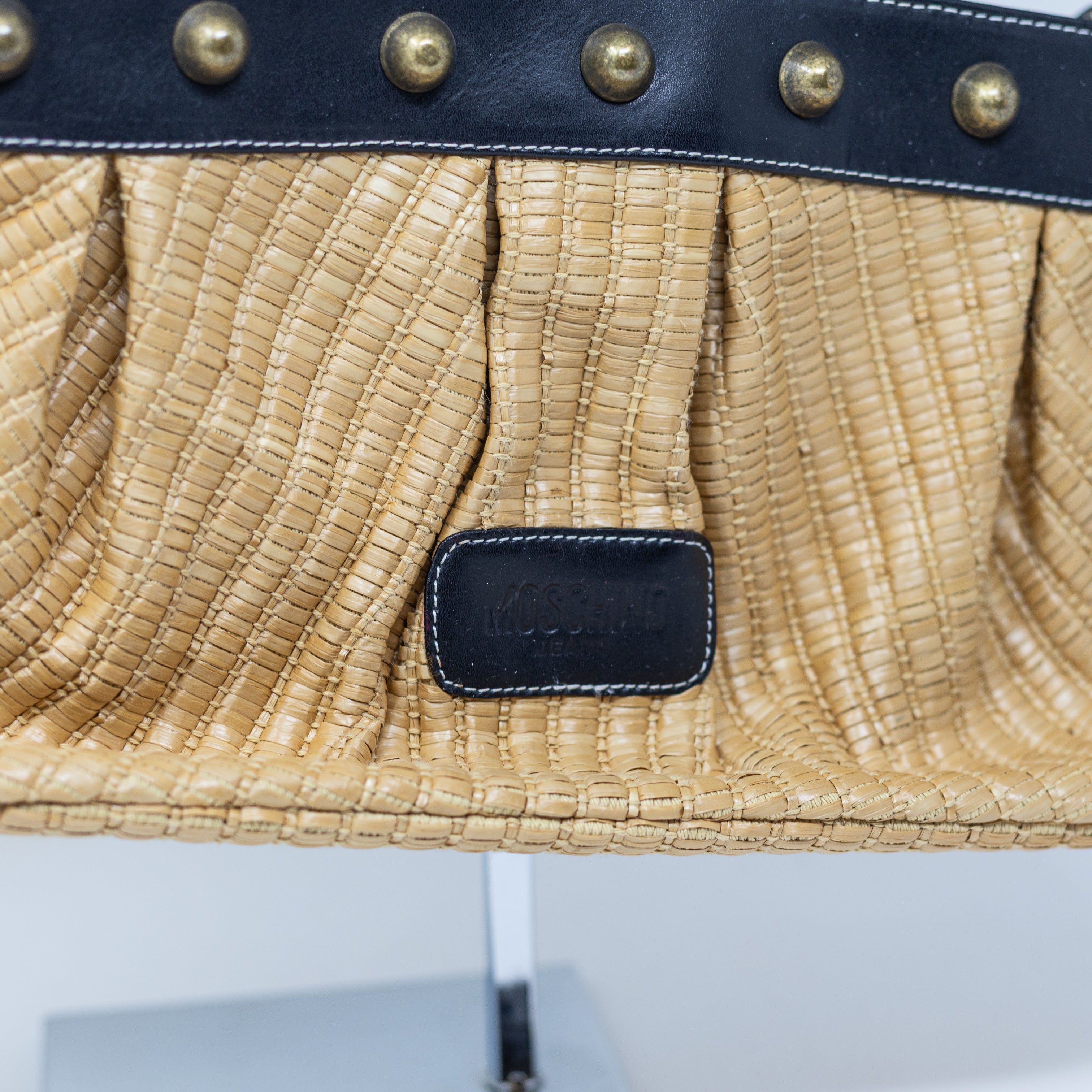 Moschino Jeans Vintage Raffia Straw Woven Leather Trim Studded Shoulder Purse