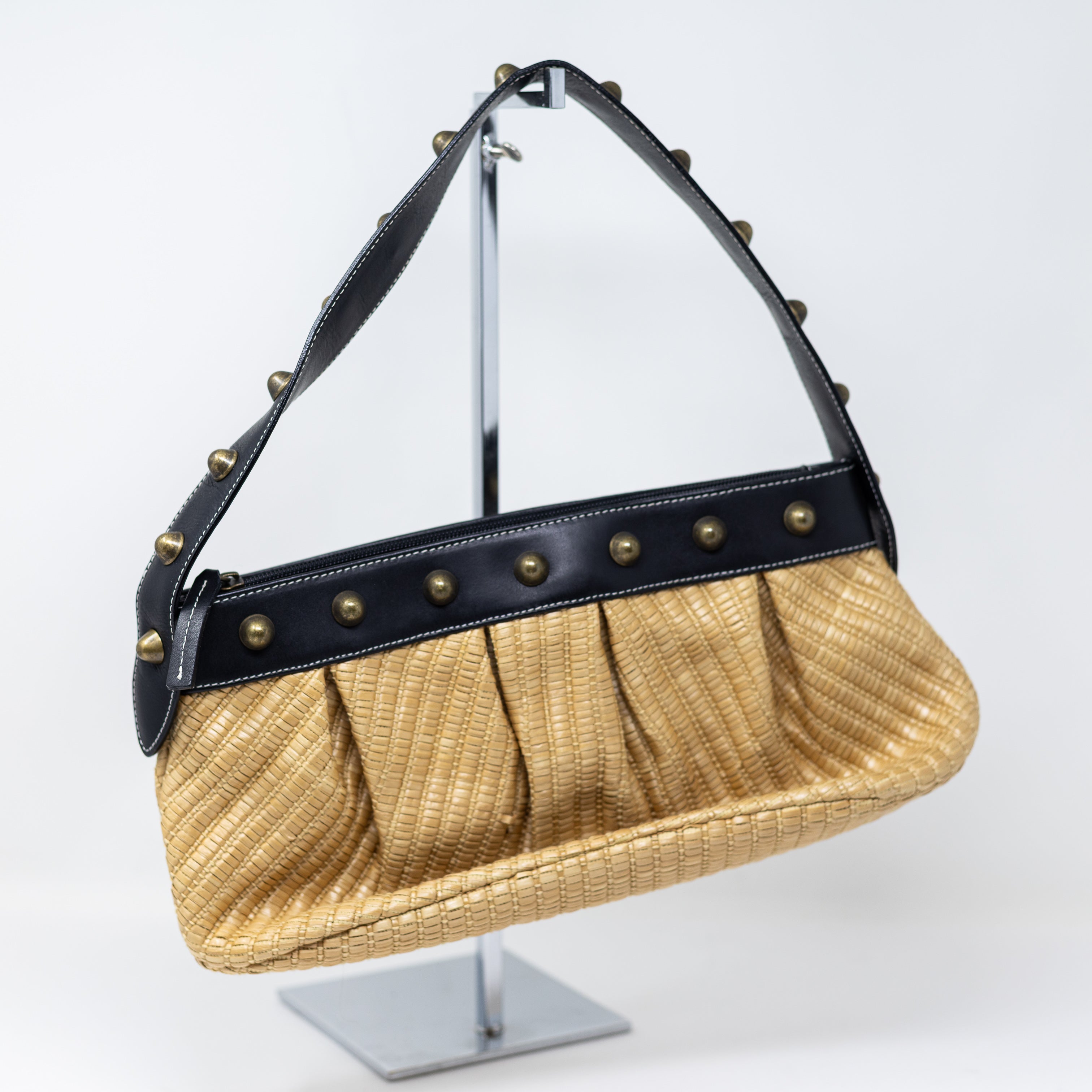 Moschino Jeans Vintage Raffia Straw Woven Leather Trim Studded Shoulder Purse