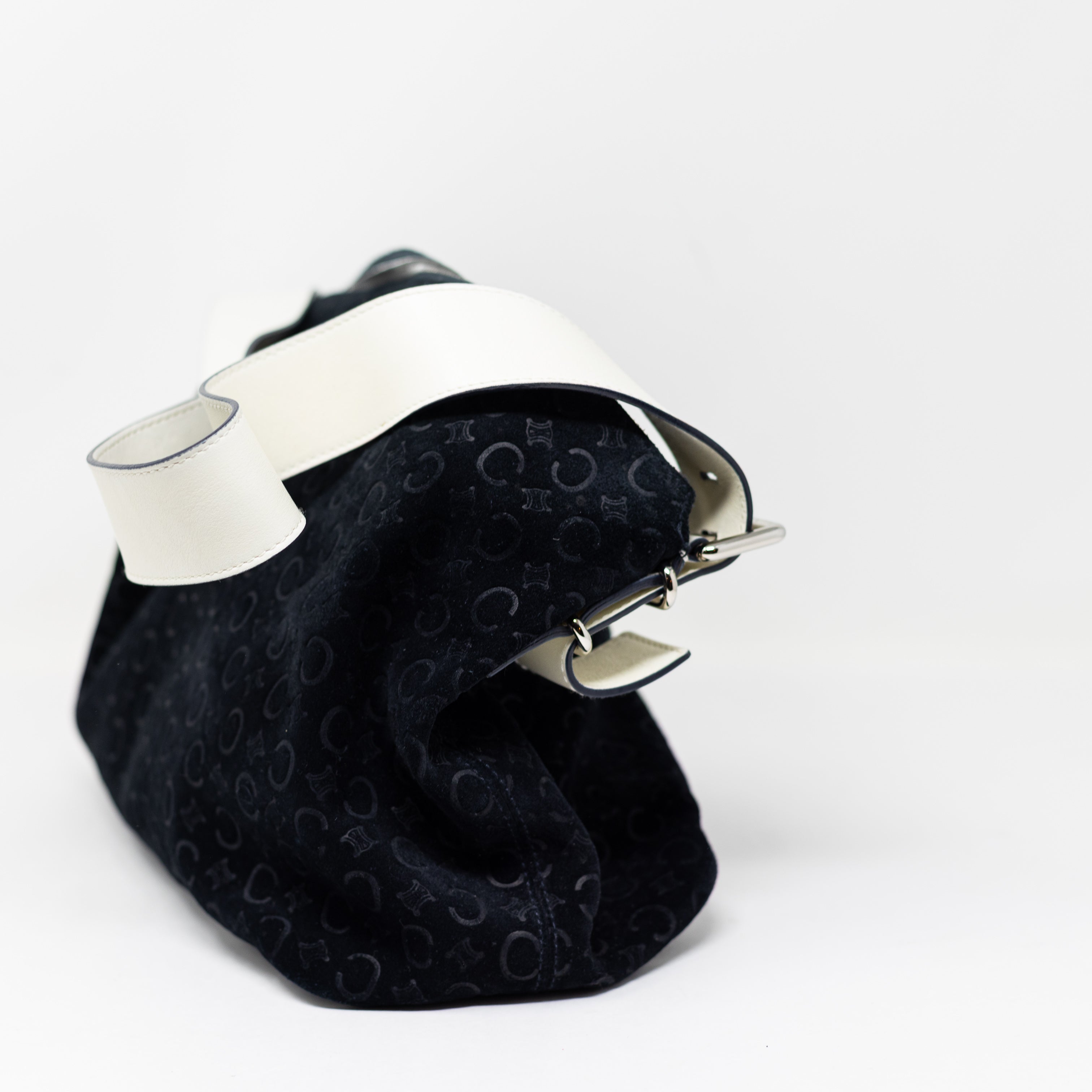 Celine Vintage Velvet Velour Logo Embossed Print Pattern Leather Shoulder Purse