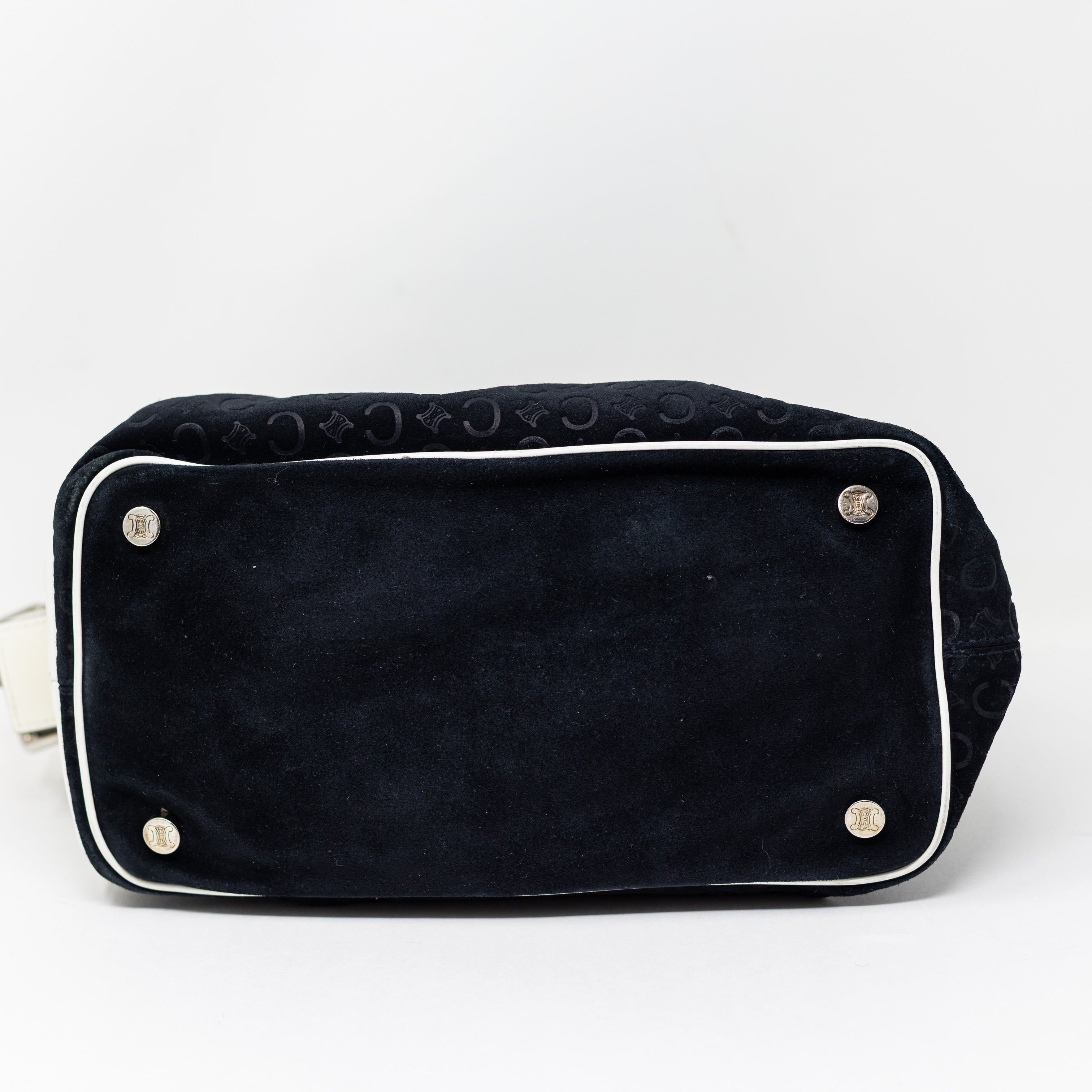 Celine Vintage Velvet Velour Logo Embossed Print Pattern Leather Shoulder Purse