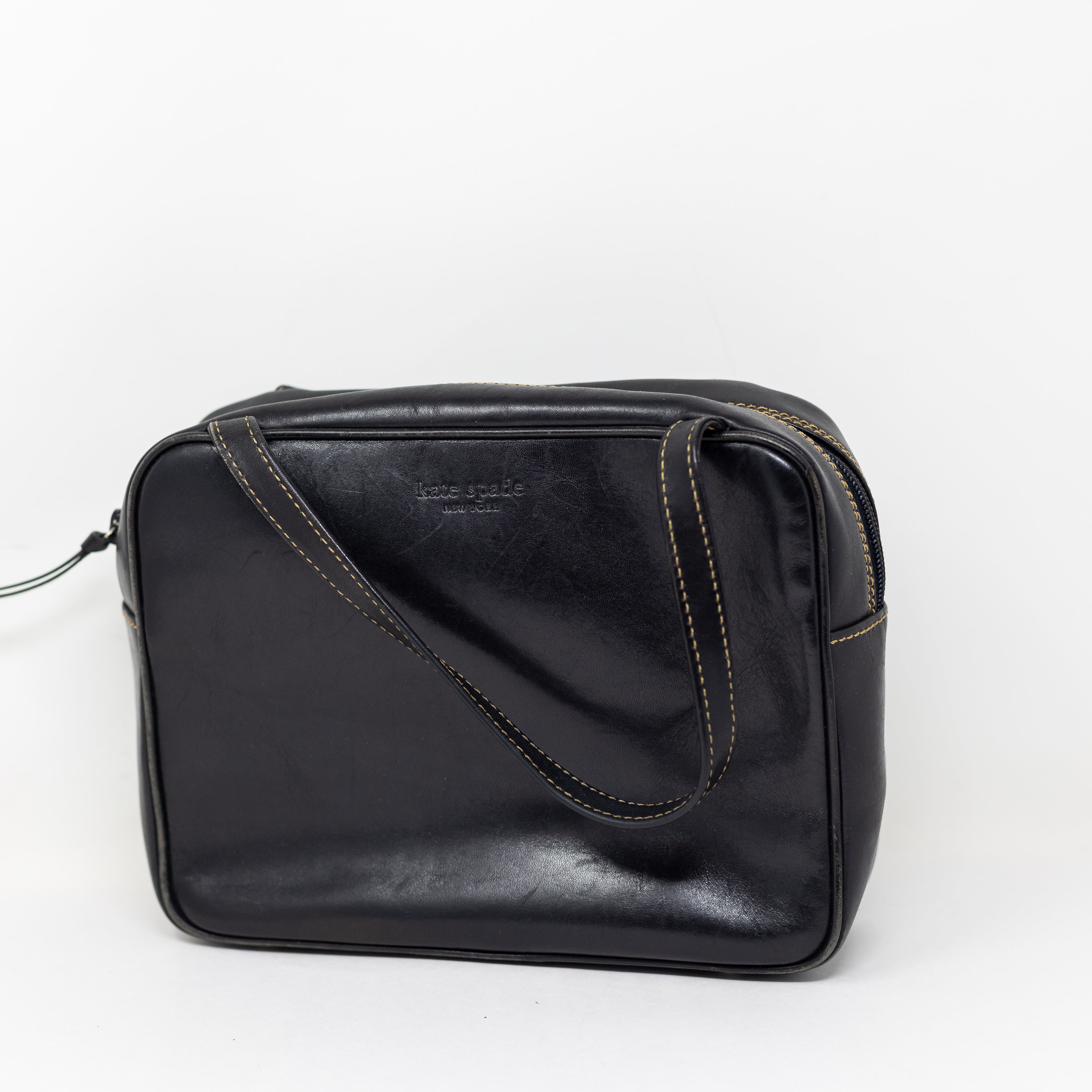 Kate Spade Vintage Genuine Smooth Leather Top Handle Square Purse Bag Tote Black