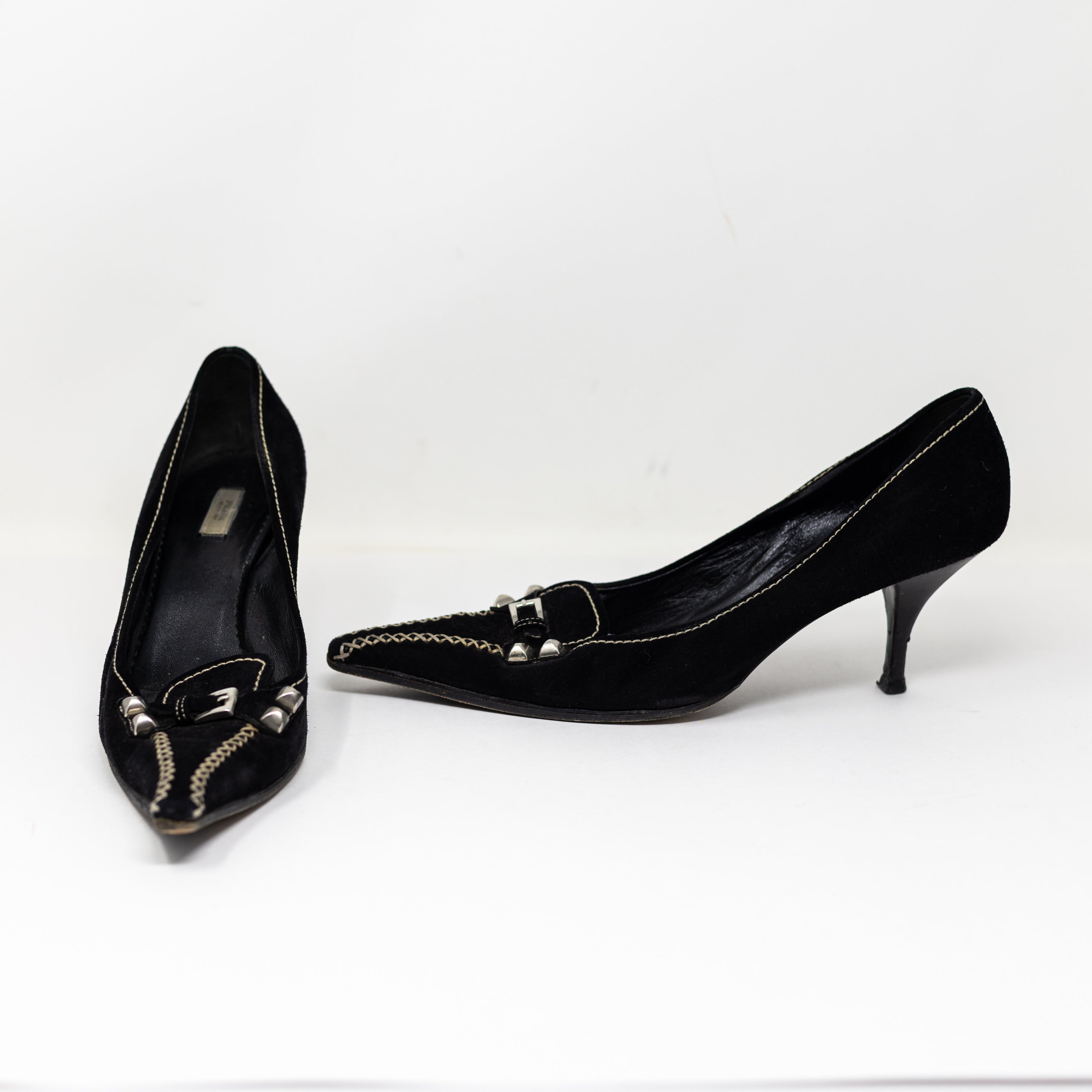 Prada Women's Vintage Made In Italy Suede Leather Studded Pointed Toe Heels 11