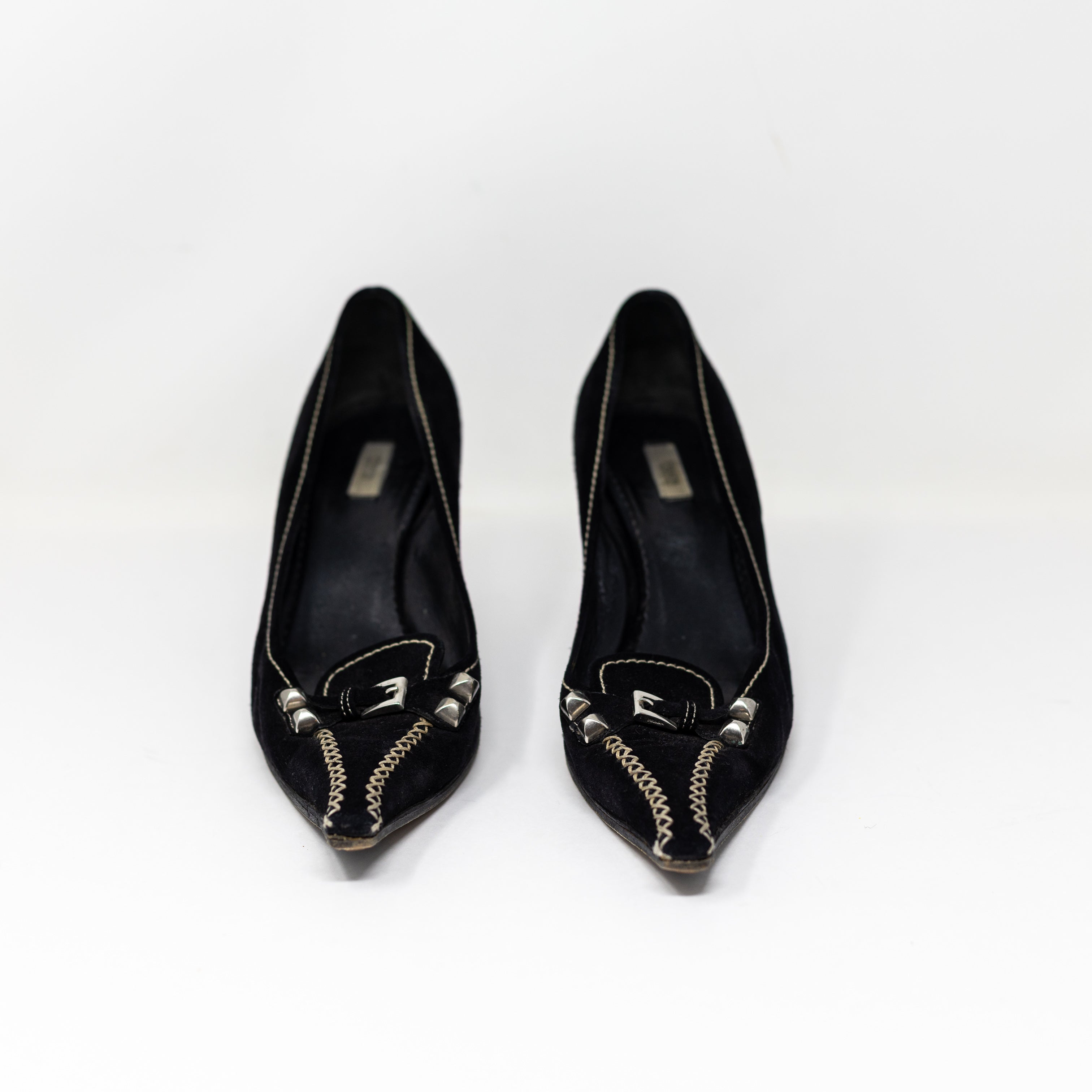 Prada Women's Vintage Made In Italy Suede Leather Studded Pointed Toe Heels 11