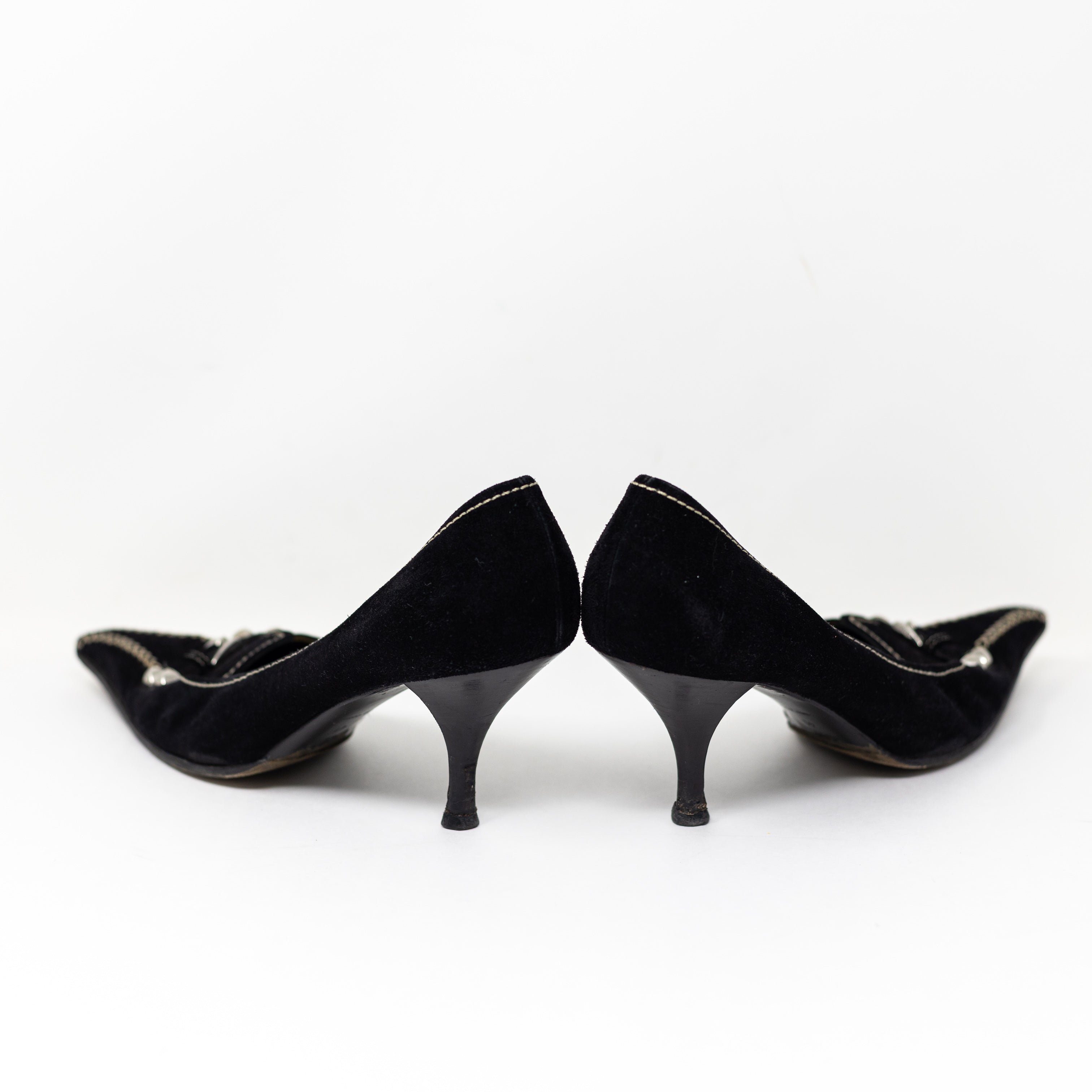 Prada Women's Vintage Made In Italy Suede Leather Studded Pointed Toe Heels 11