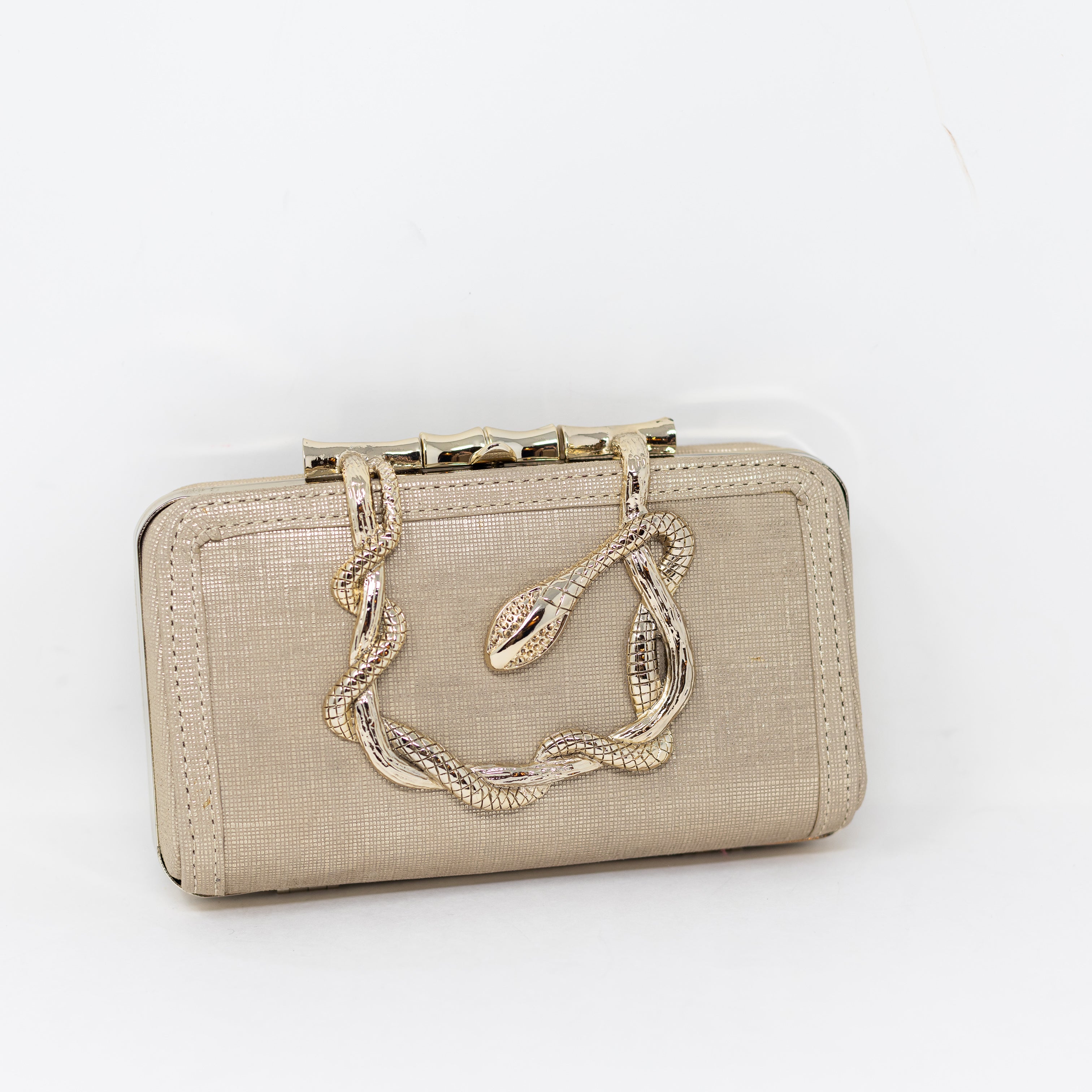Elaine Turner Gold Metallic Woven Textured Snake Animal Clutch Snap Purse Bag