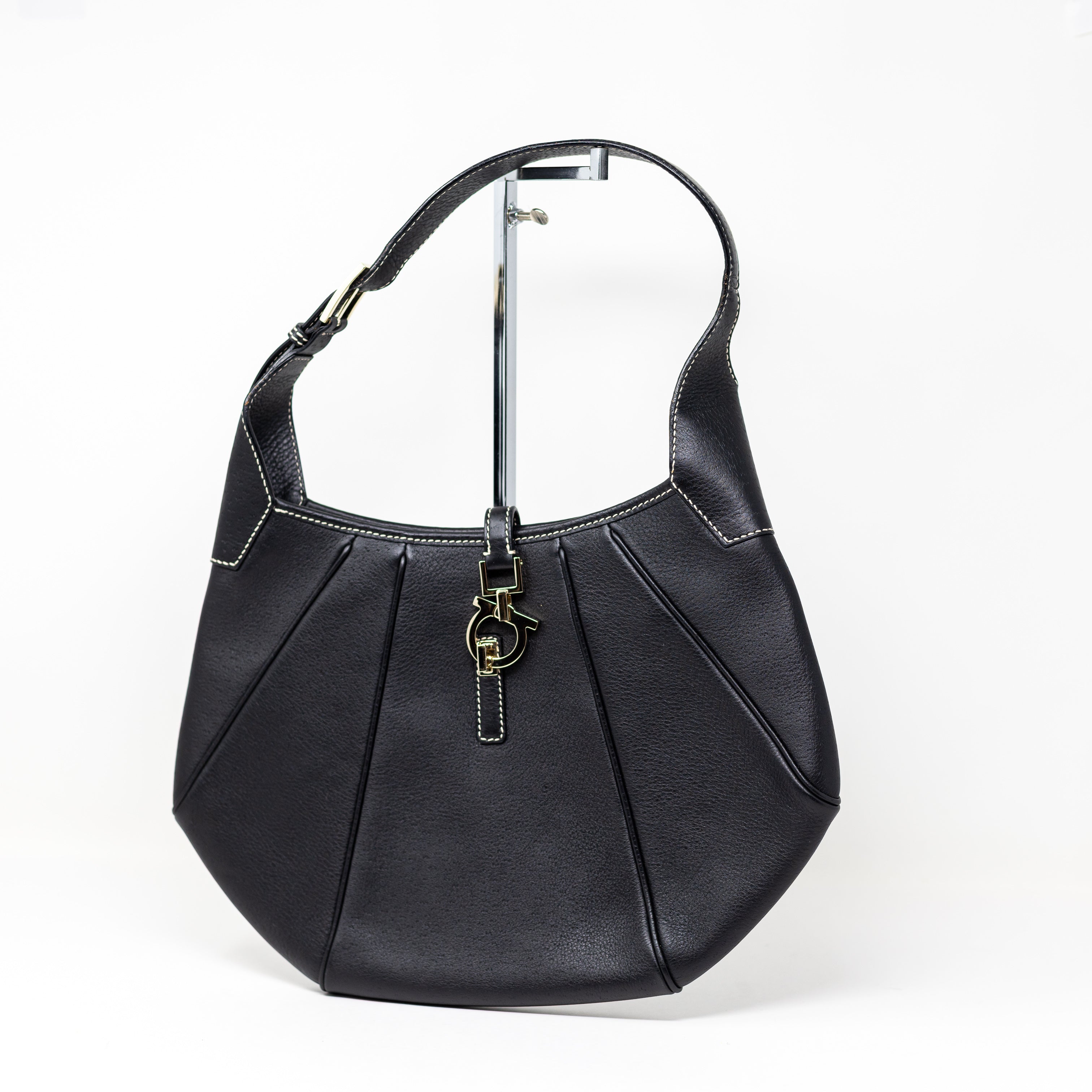 Salvatore Ferragamo Calfskin Genuine Leather Gancini Lock Hobo Shoulder Purse