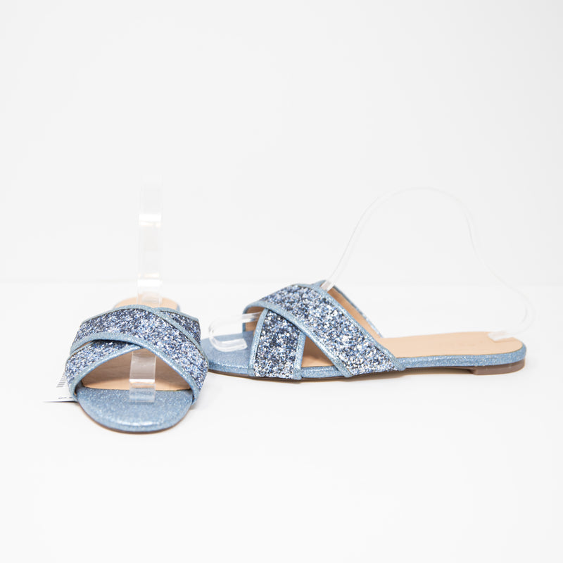 NEW J. Crew Cora Genuine Leather Criss Cross Slip On Glitter Ocean Blue Sandals