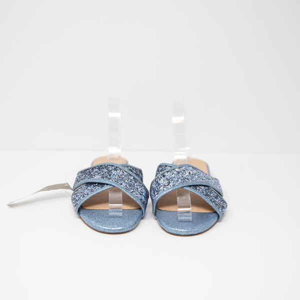 NEW J. Crew Cora Genuine Leather Criss Cross Slip On Glitter Ocean Blue Sandals