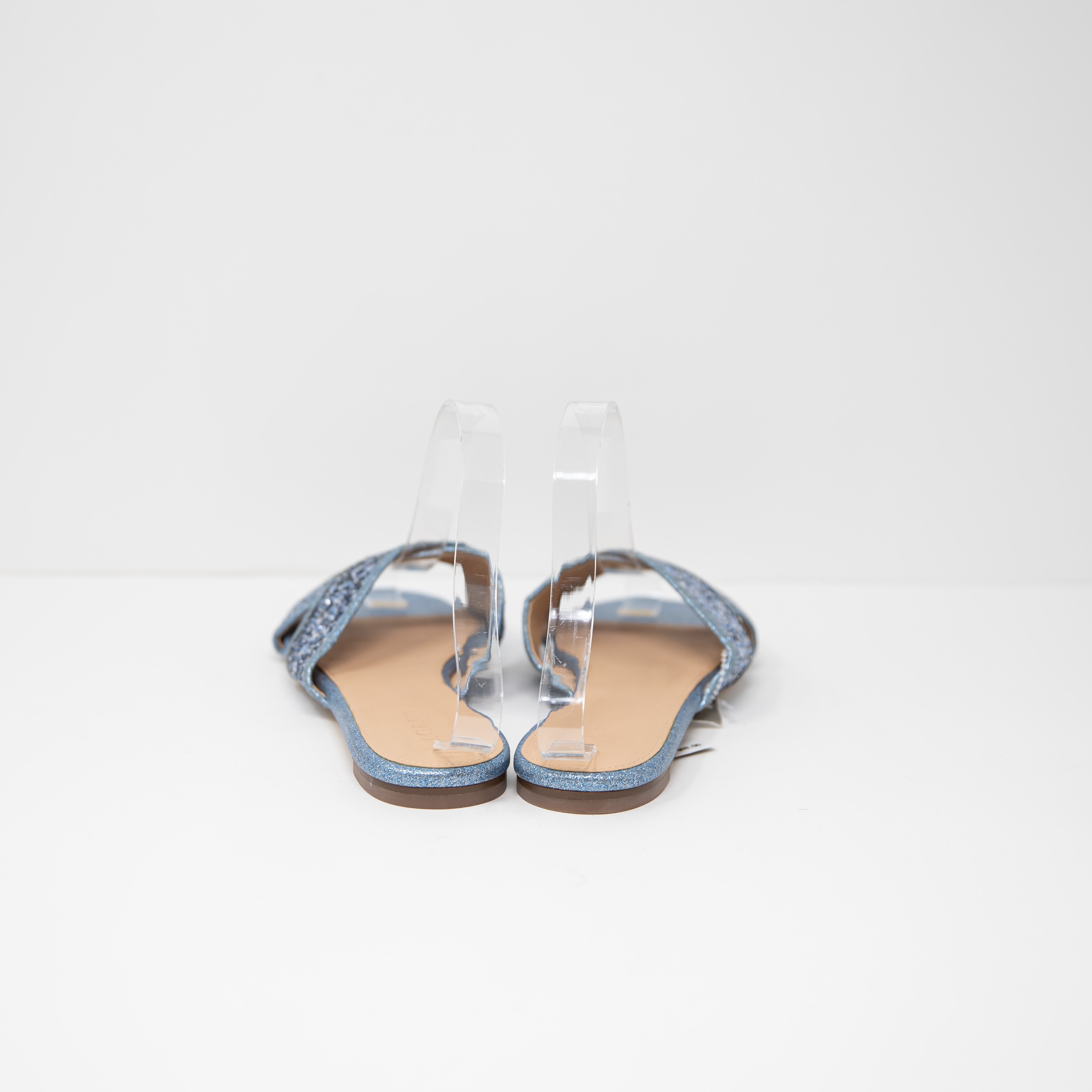 NEW J. Crew Cora Genuine Leather Criss Cross Slip On Glitter Ocean Blue Sandals