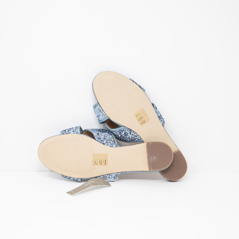 NEW J. Crew Cora Genuine Leather Criss Cross Slip On Glitter Ocean Blue Sandals