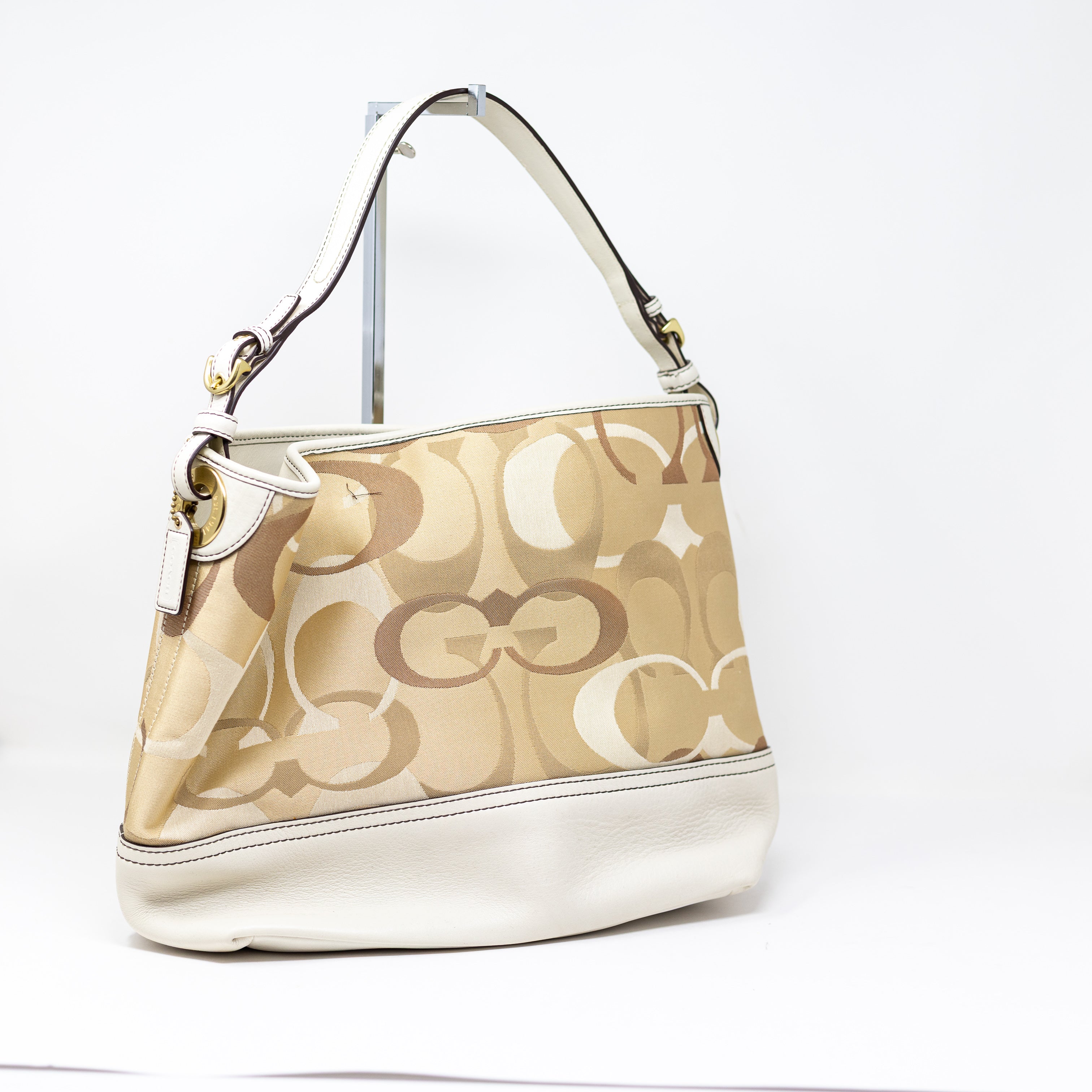 Coach Canvas Genuine Leather Trim Opctic Logo Print Pattern Shoulder Purse Bag
