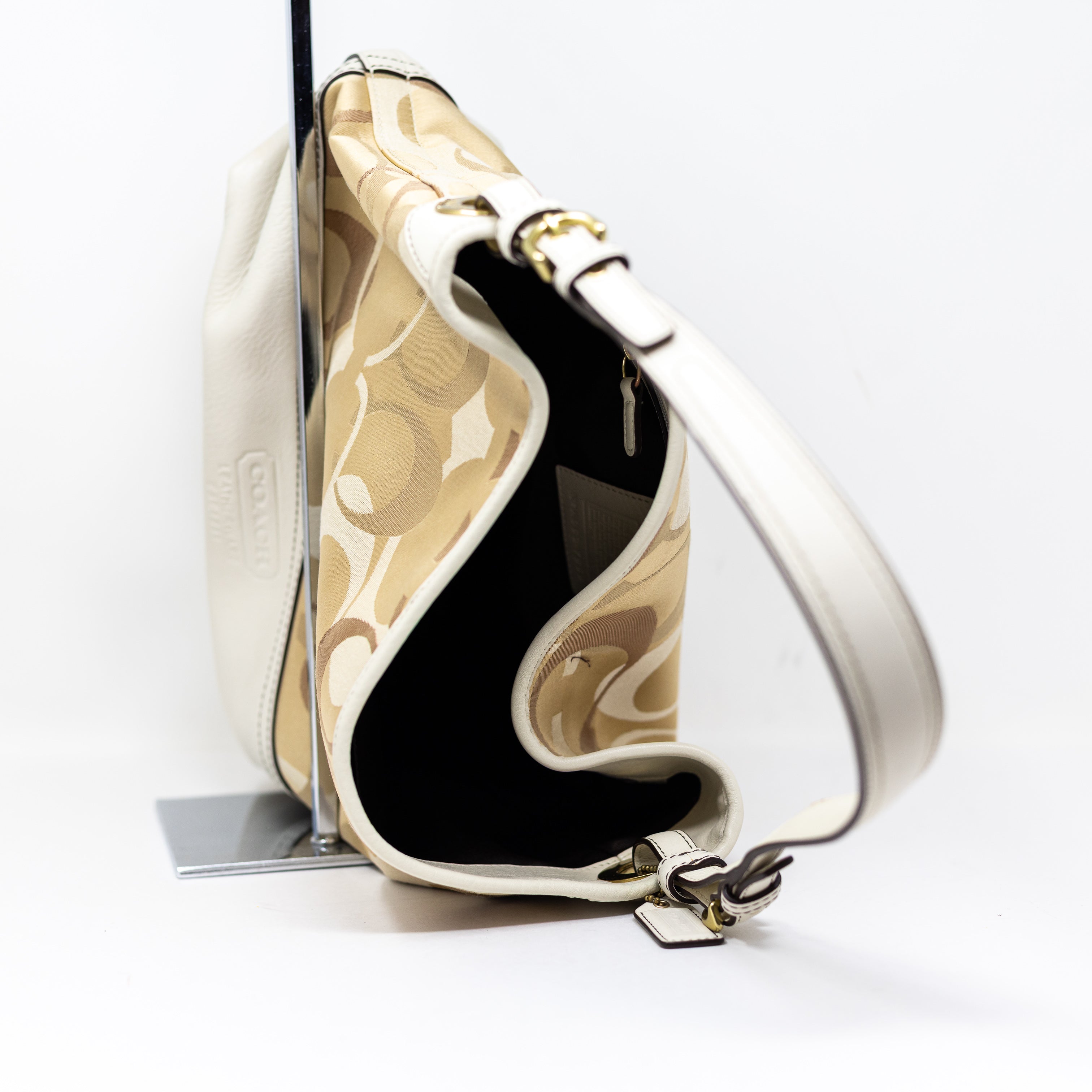 Coach Canvas Genuine Leather Trim Opctic Logo Print Pattern Shoulder Purse Bag