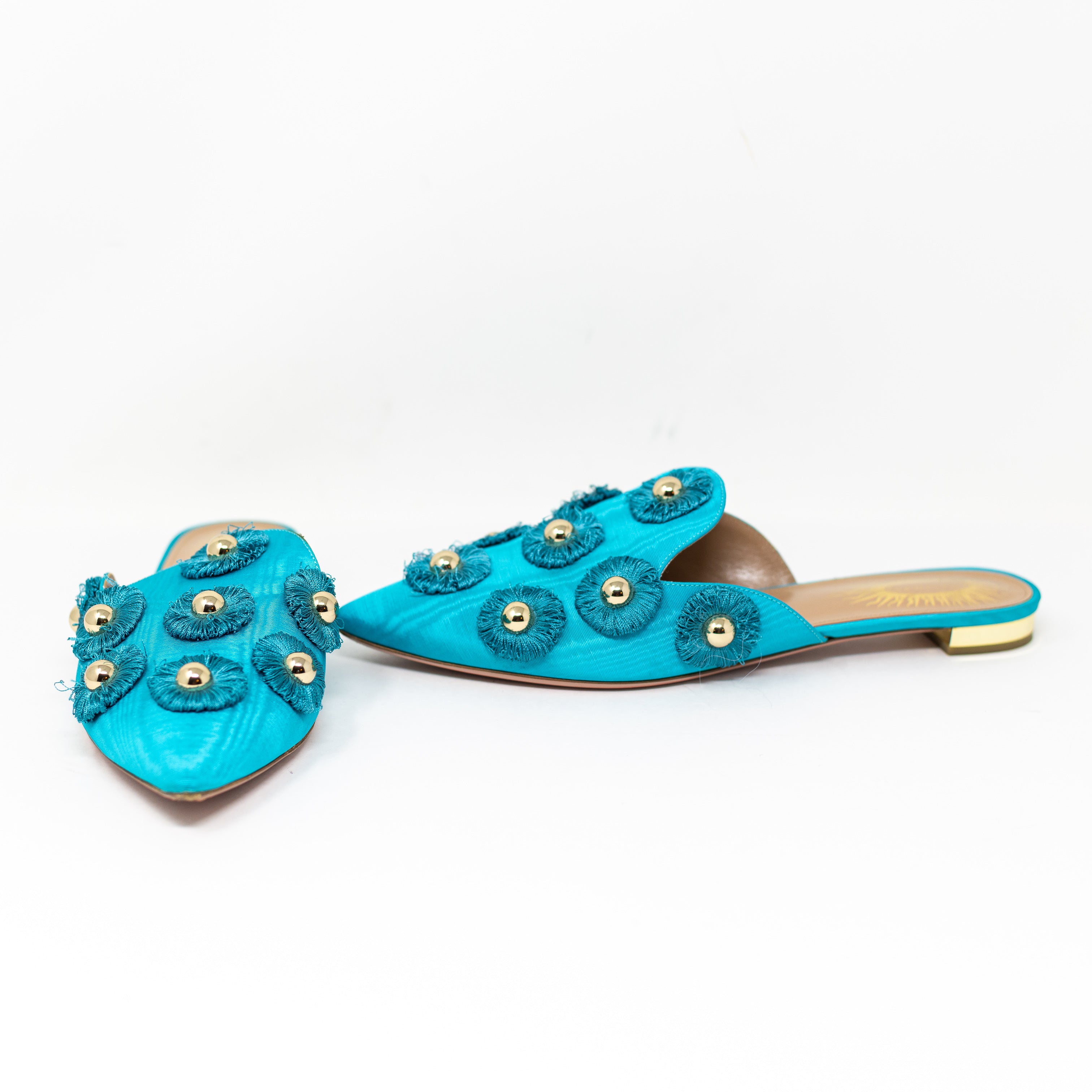 Aquazzura Sunflower Studded Embellished Fringe Pointed Toe Slip On Mules Flats