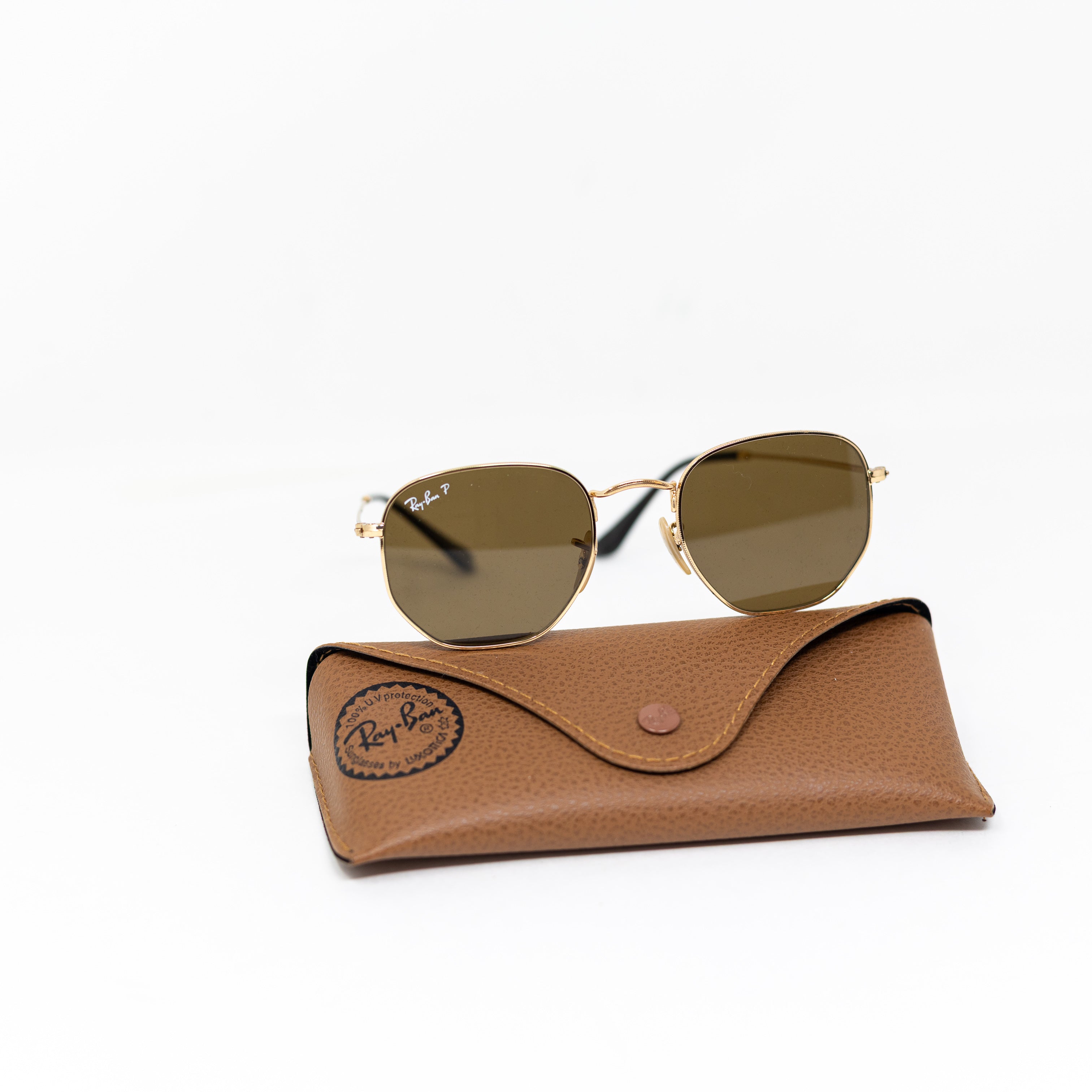 Ray-Ban RB3548 Hexagonal Gold Metal Frame Green Lenses Polarized Sunglasses