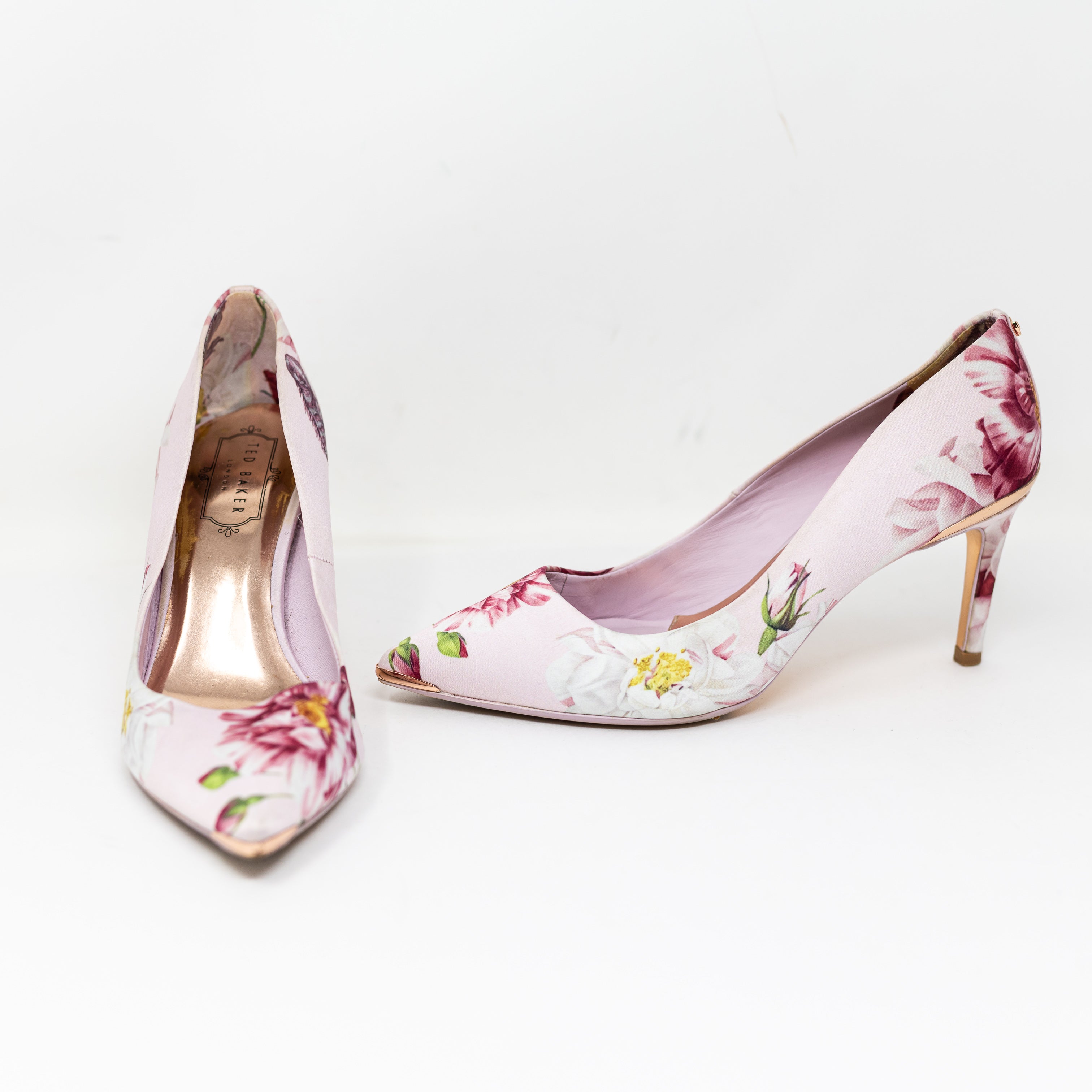 Ted Baker Women's Satin Floral Flower Print Pattern Pointed Toe High Heels Shoes