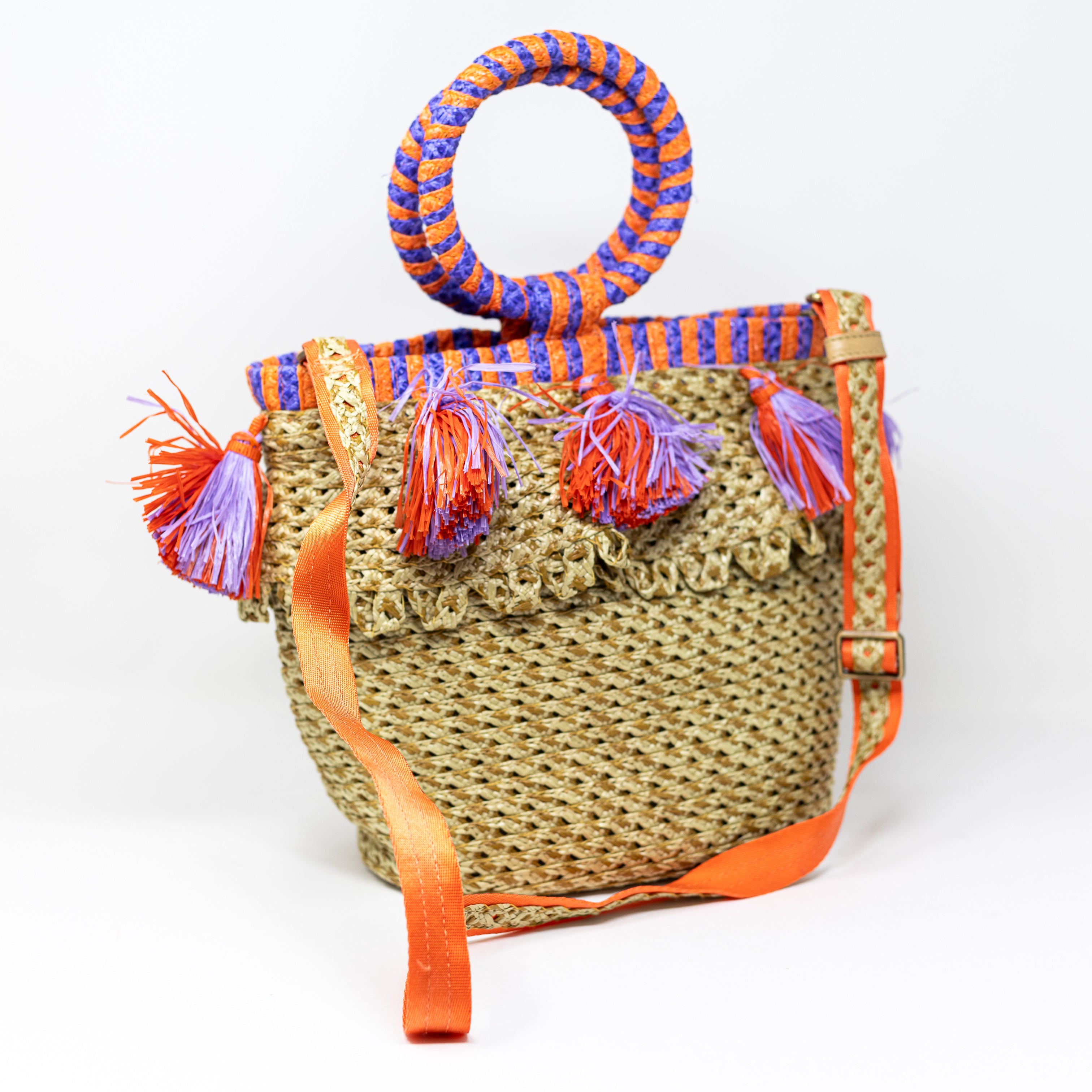 Eric Javits Raffia Straw Woven Braided Tassel Fringe Bucket Bag Purse Tote