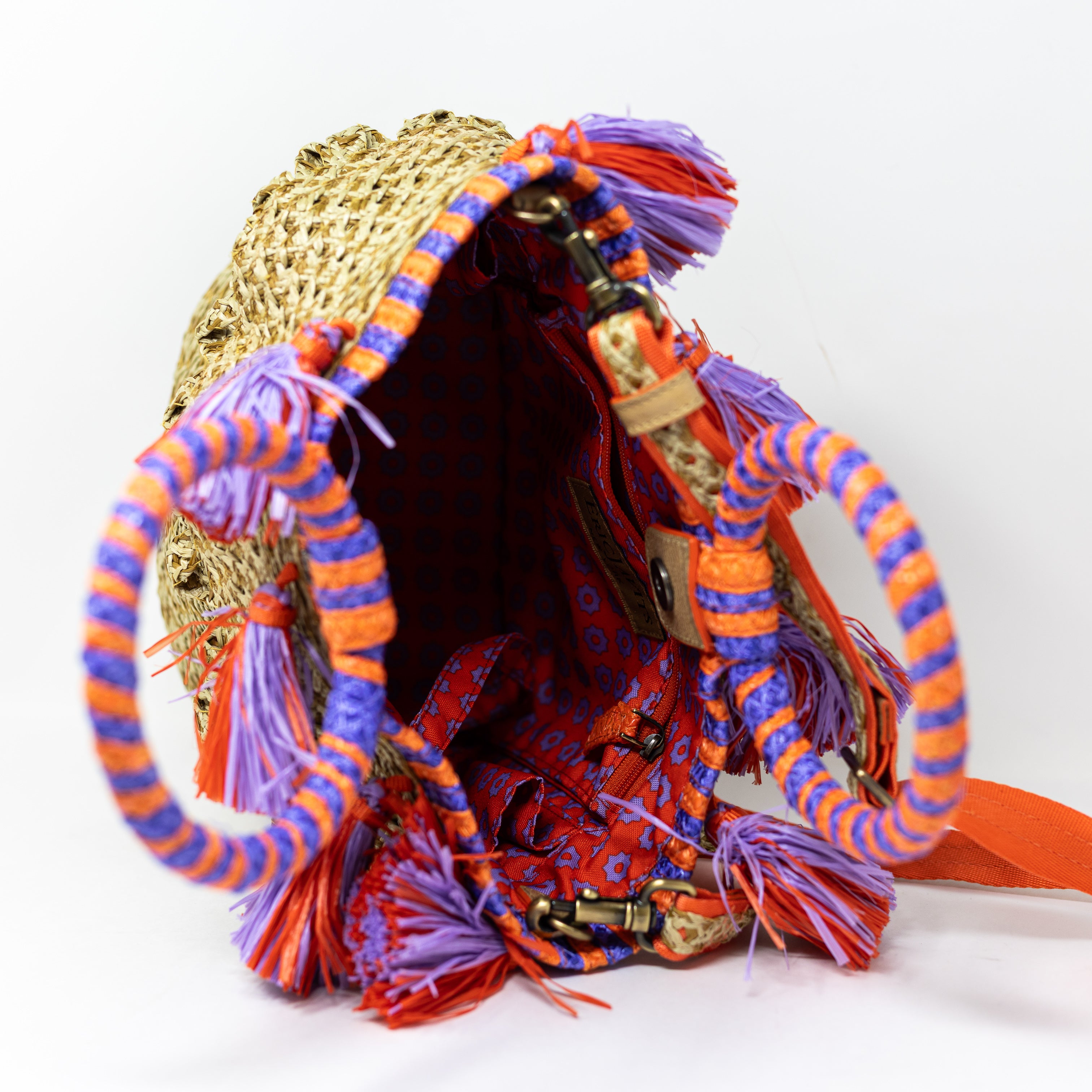Eric Javits Raffia Straw Woven Braided Tassel Fringe Bucket Bag Purse Tote