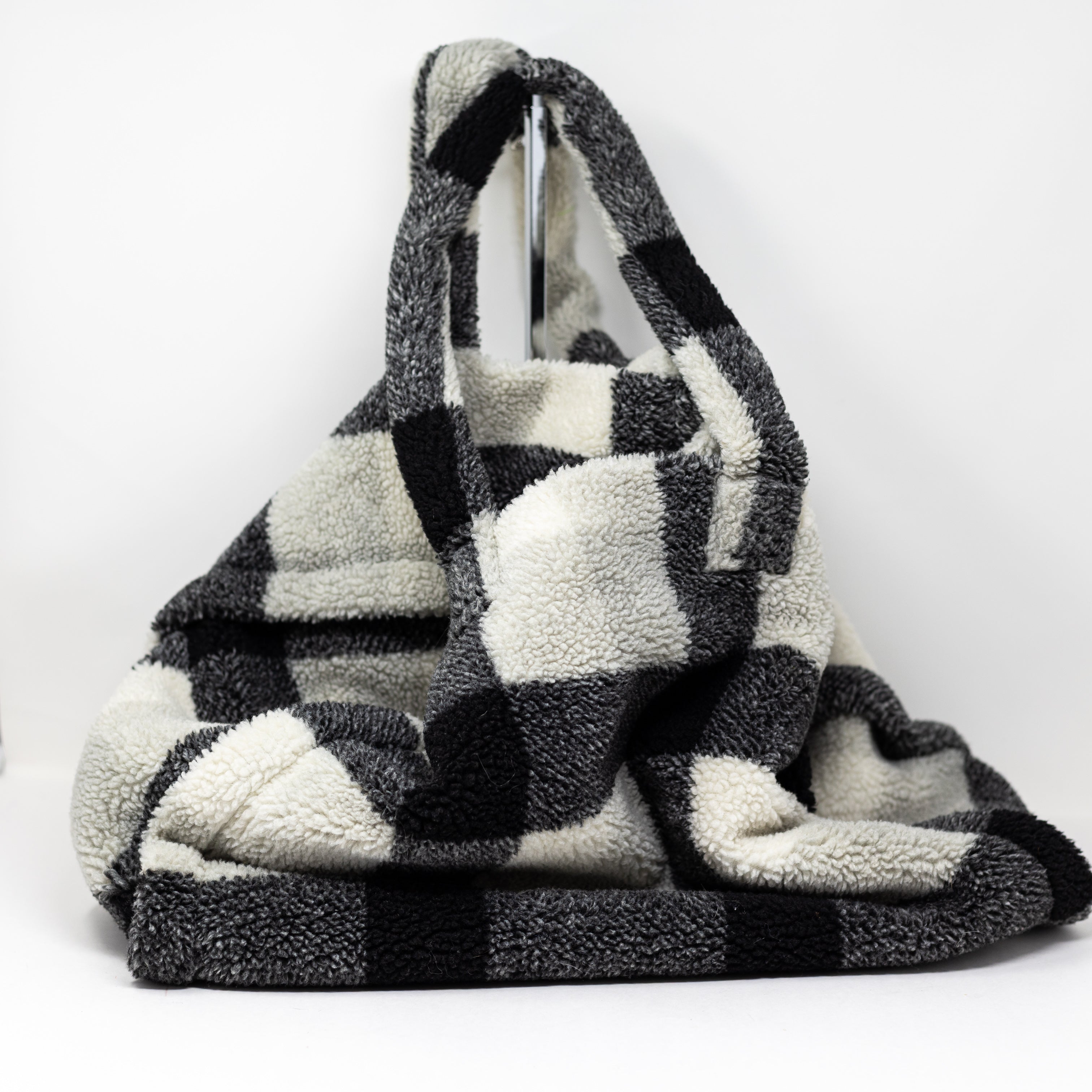 Stand Studio Fuzzy Faux Shearling Fur Black White Gingham Check Tote Bag Purse
