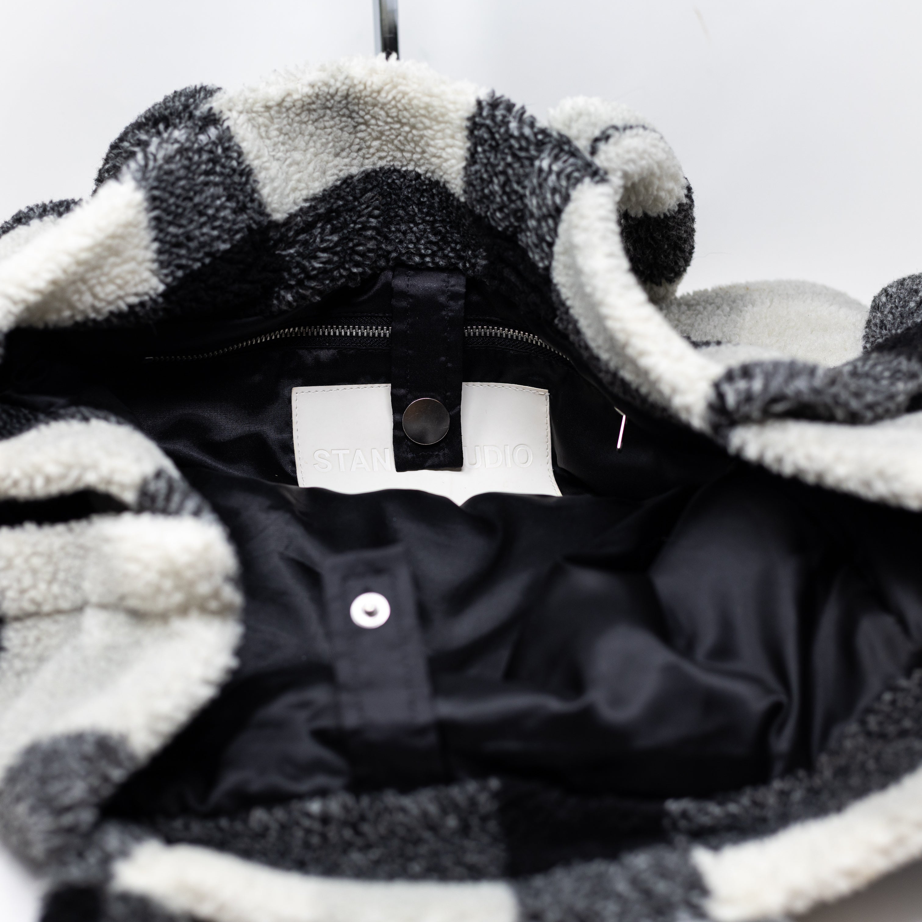 Stand Studio Fuzzy Faux Shearling Fur Black White Gingham Check Tote Bag Purse