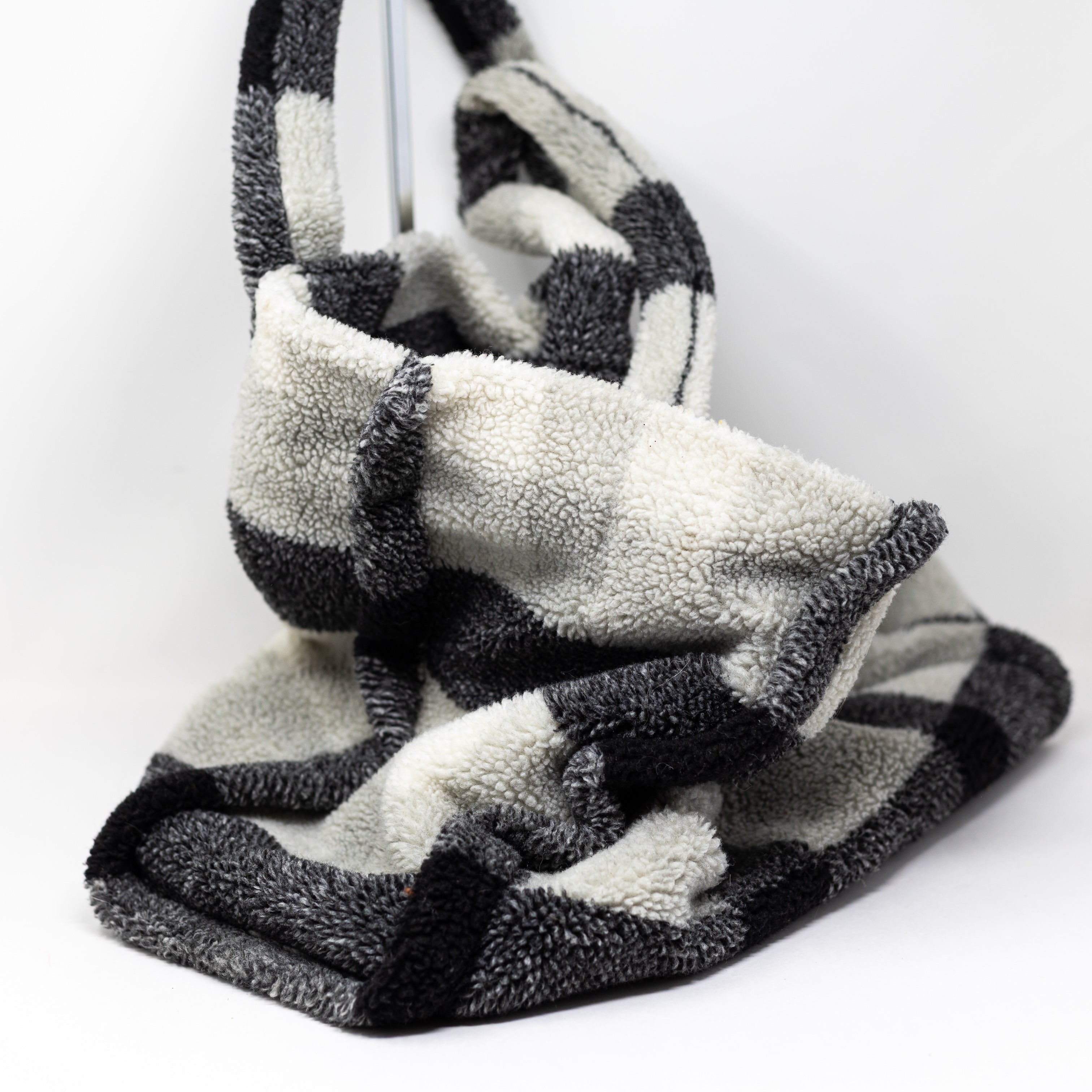 Stand Studio Fuzzy Faux Shearling Fur Black White Gingham Check Tote Bag Purse