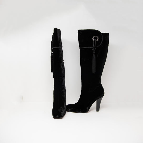 BCBGMaxAzria Ameley Velvet Velour Tassel Knee High Heels Boots Shoes Black 9