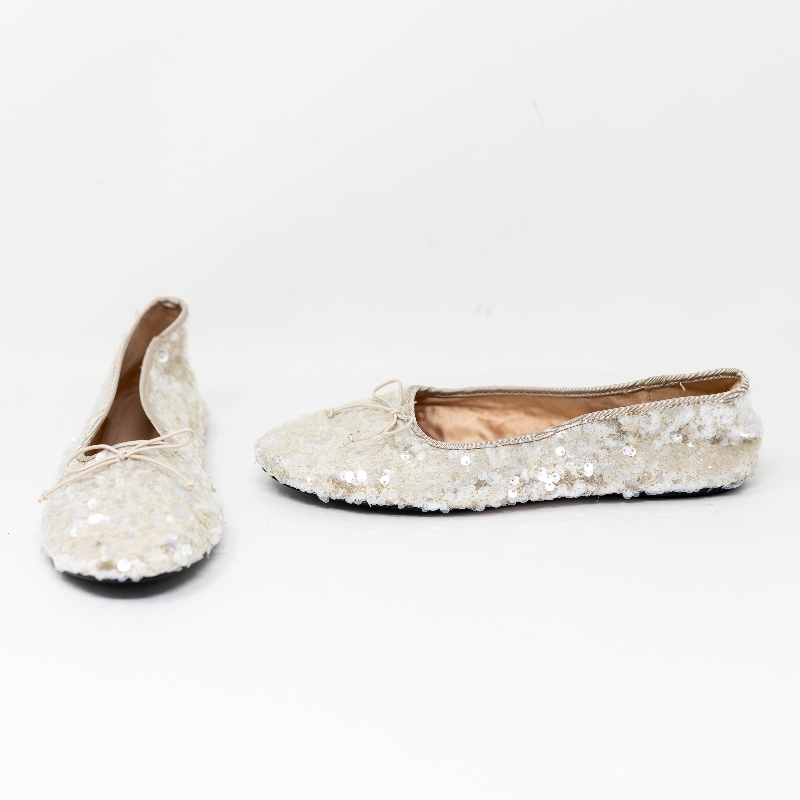 Zara White Iridescent Sequin Sparkle Emebllished Slip On Ballet Flats Shoes 10
