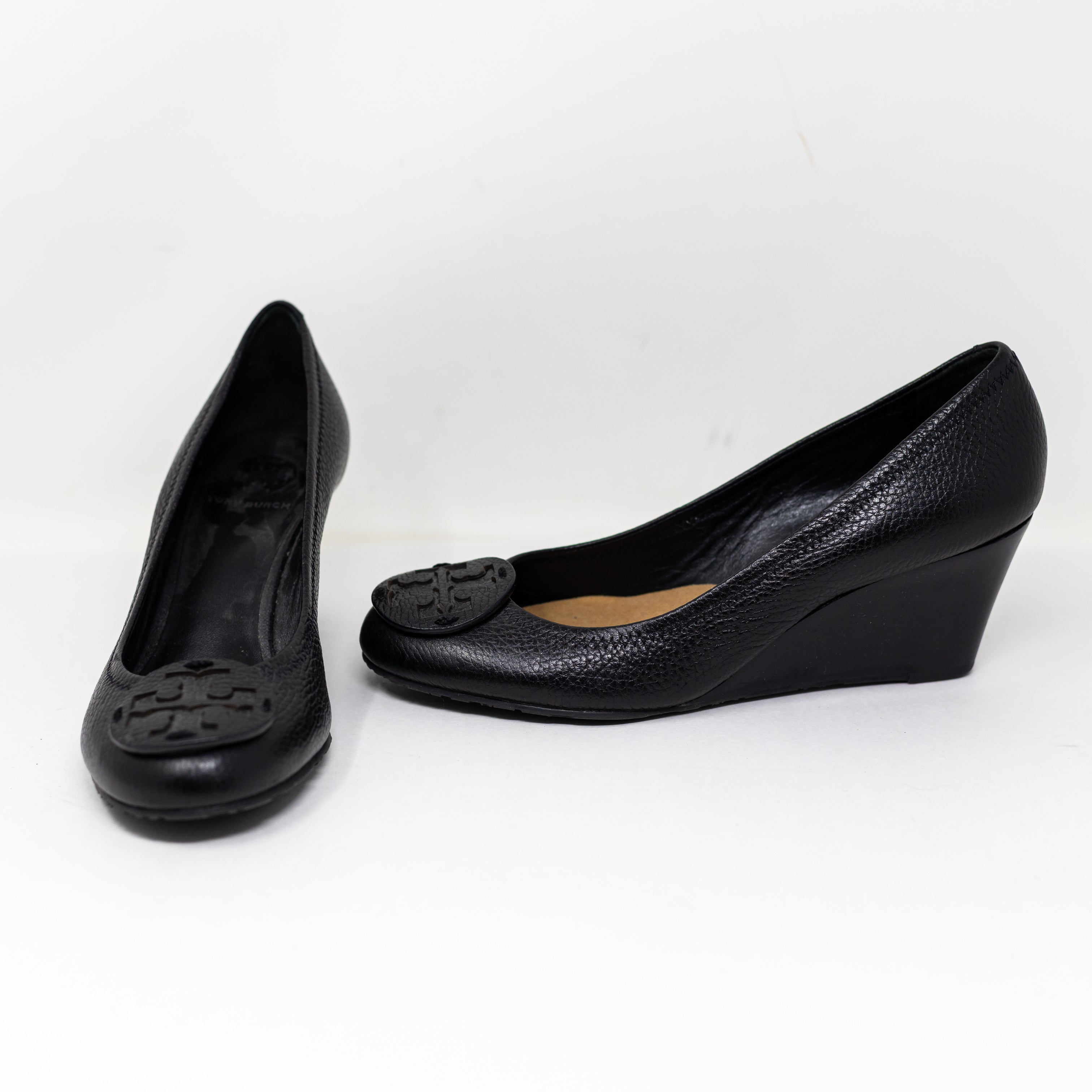 Tory Burch Women's Chelsea Genuine Leather Slip On Wedge High Heels Shoes Black