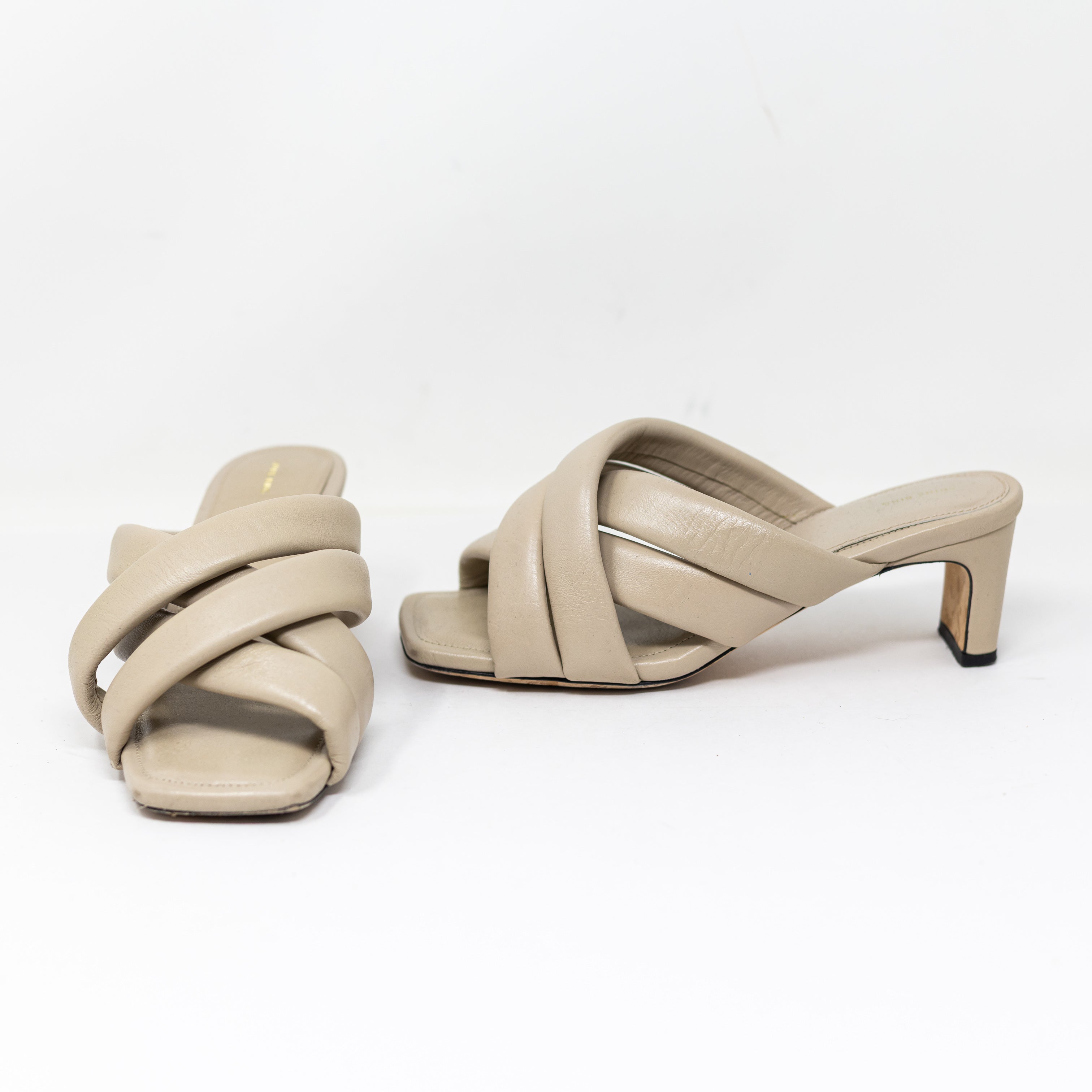 Anine Bing Women's Cade Genuine Leather Mid Heel Slide Strappy Sandals Beige 7