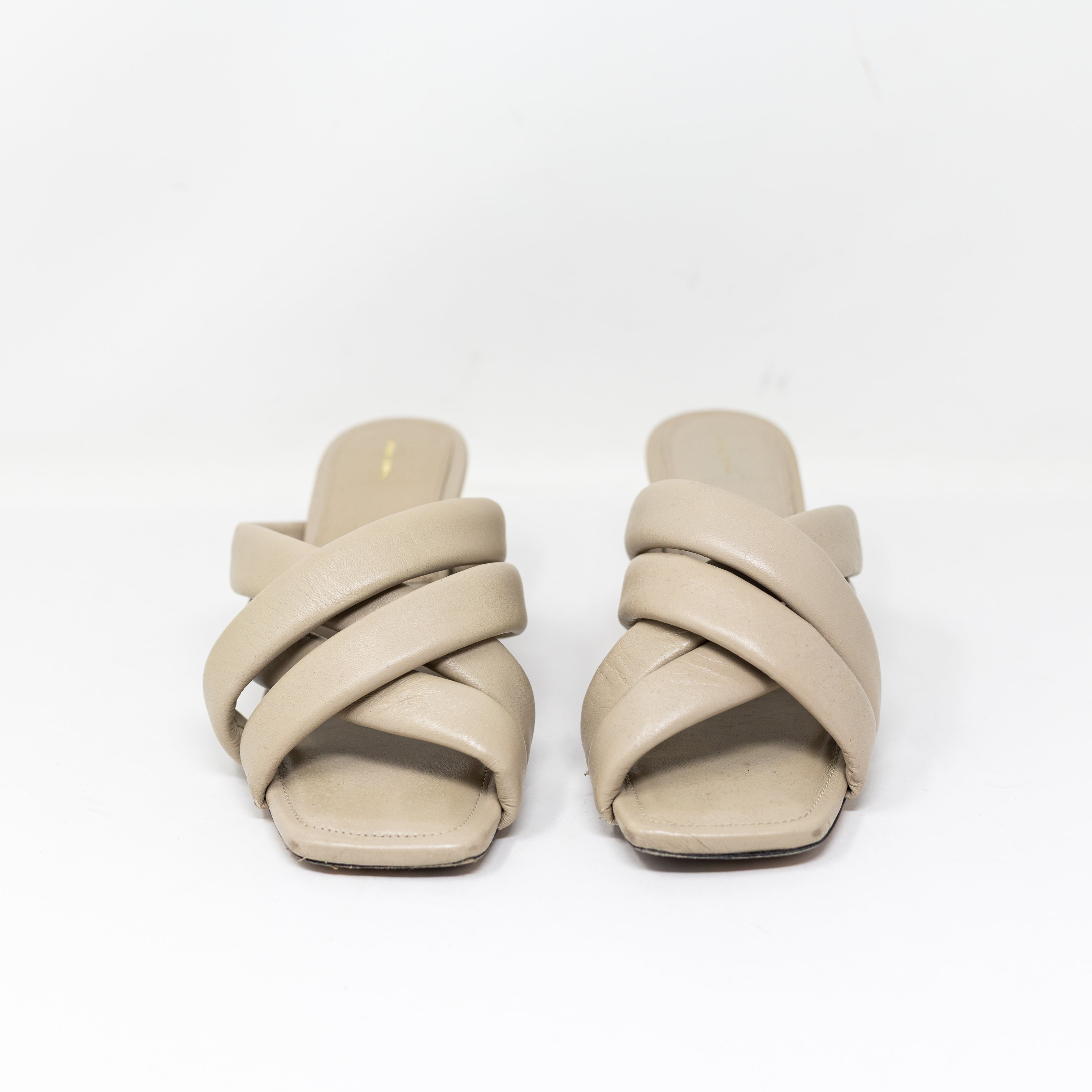 Anine Bing Women's Cade Genuine Leather Mid Heel Slide Strappy Sandals Beige 7