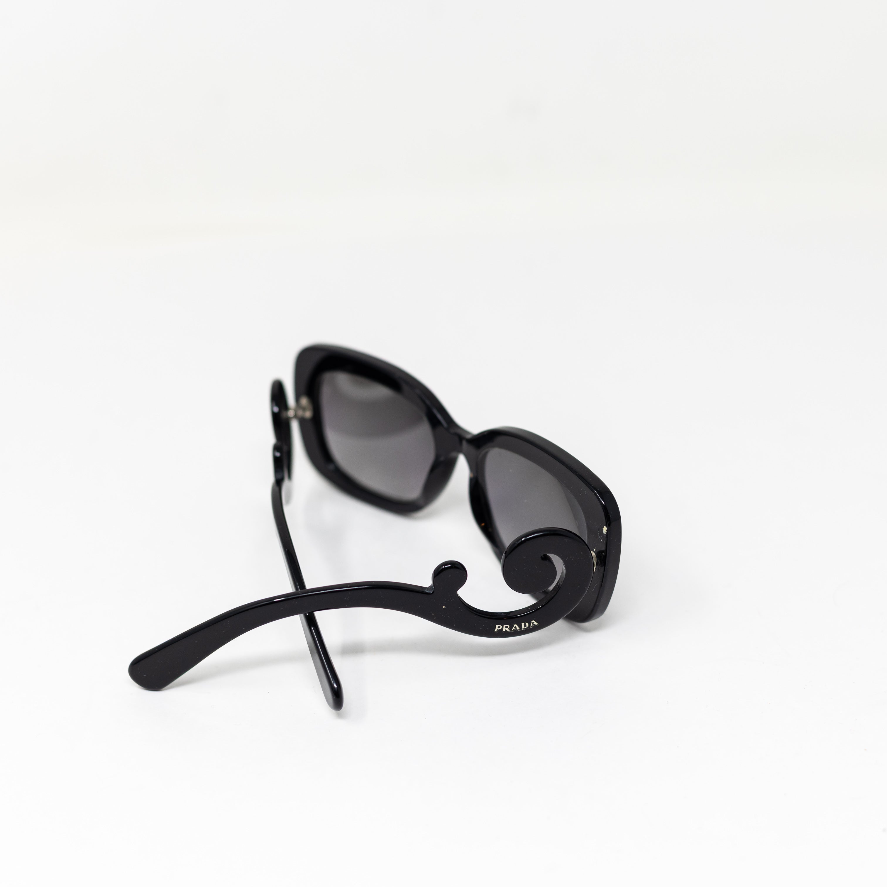 Prada SPR270 Baroque Swirl Rectangle Oversize Frame Black Gray Lenses Sunglasses