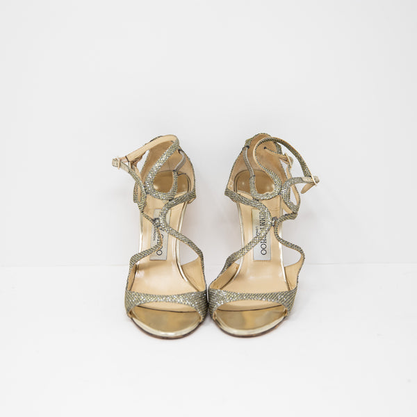 Jimmy Choo Lang 100mm Gold Metallic Sparkle Strappy Sandals High Heels Shoes 6