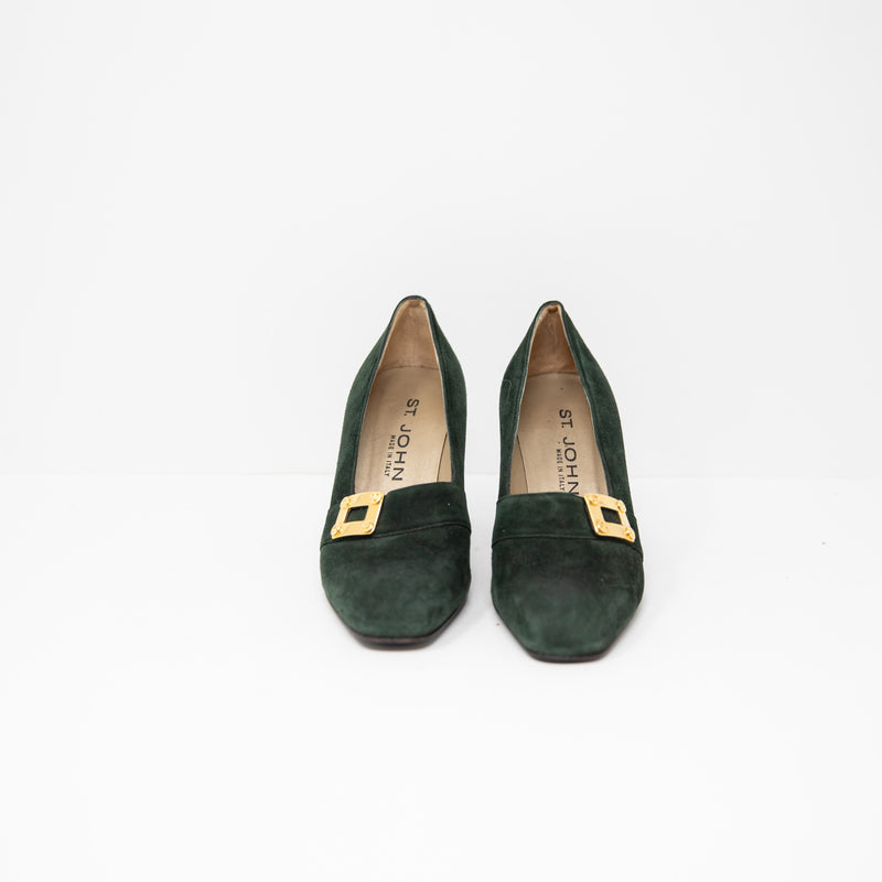 St. John Made In Italy Vintage Suede Buckle Slip On High Heel Pumps Shoe Green 6