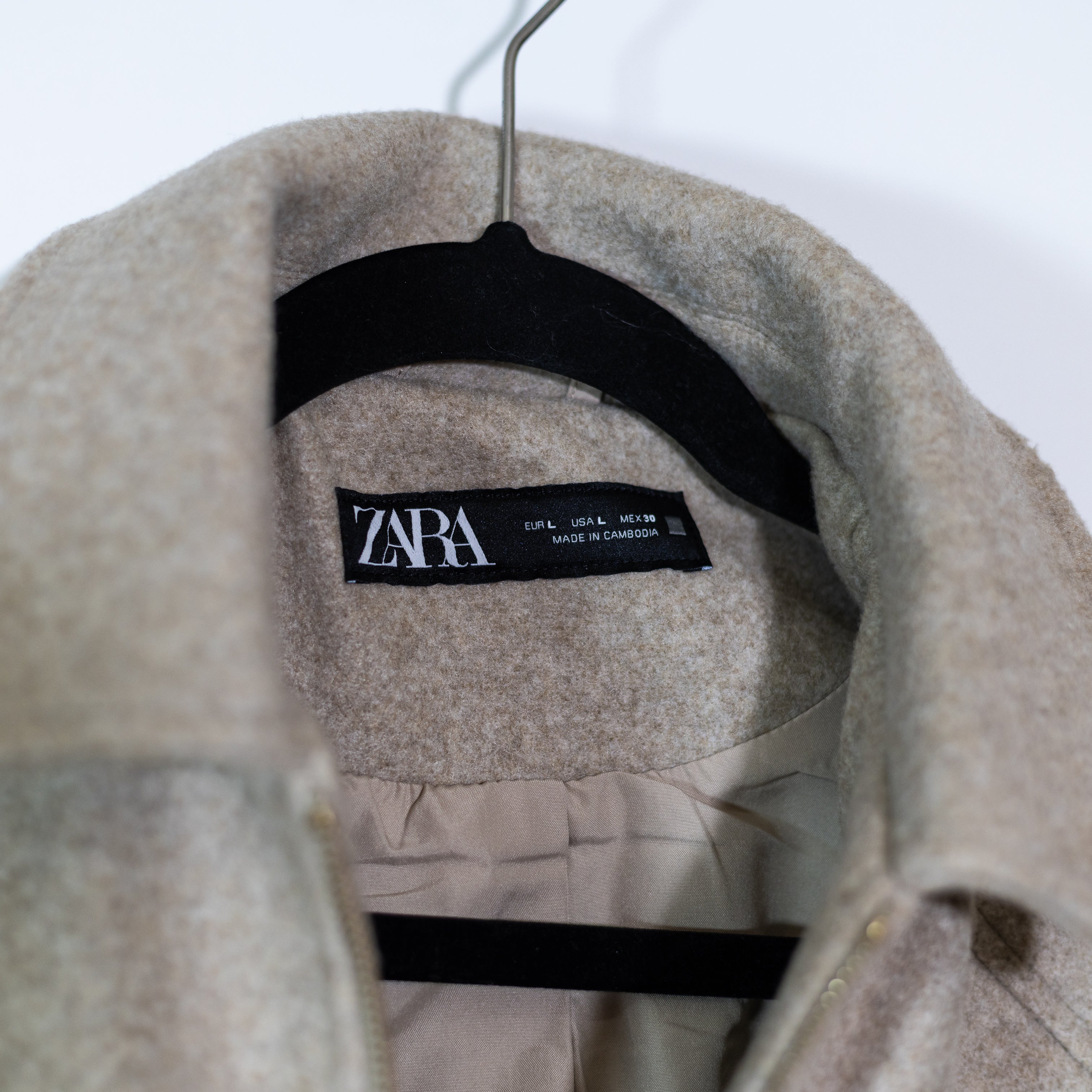 Zara Felt Fuzzy Full Zip Collared Pocket Jacket Coat Beige Gray Large