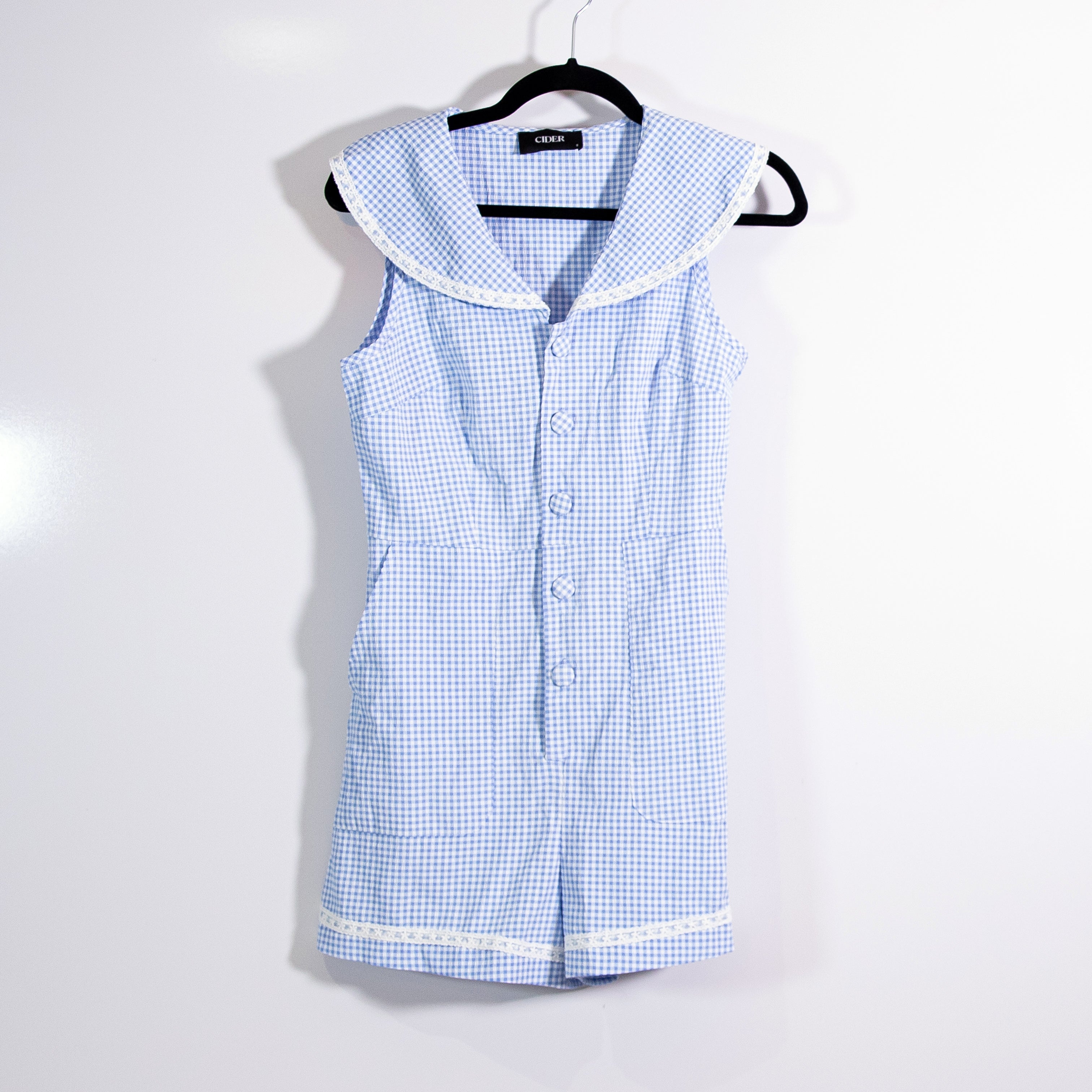 Cider Blue White Gingham Check Print Pattern Spread Collar Mini Romper Playsuit
