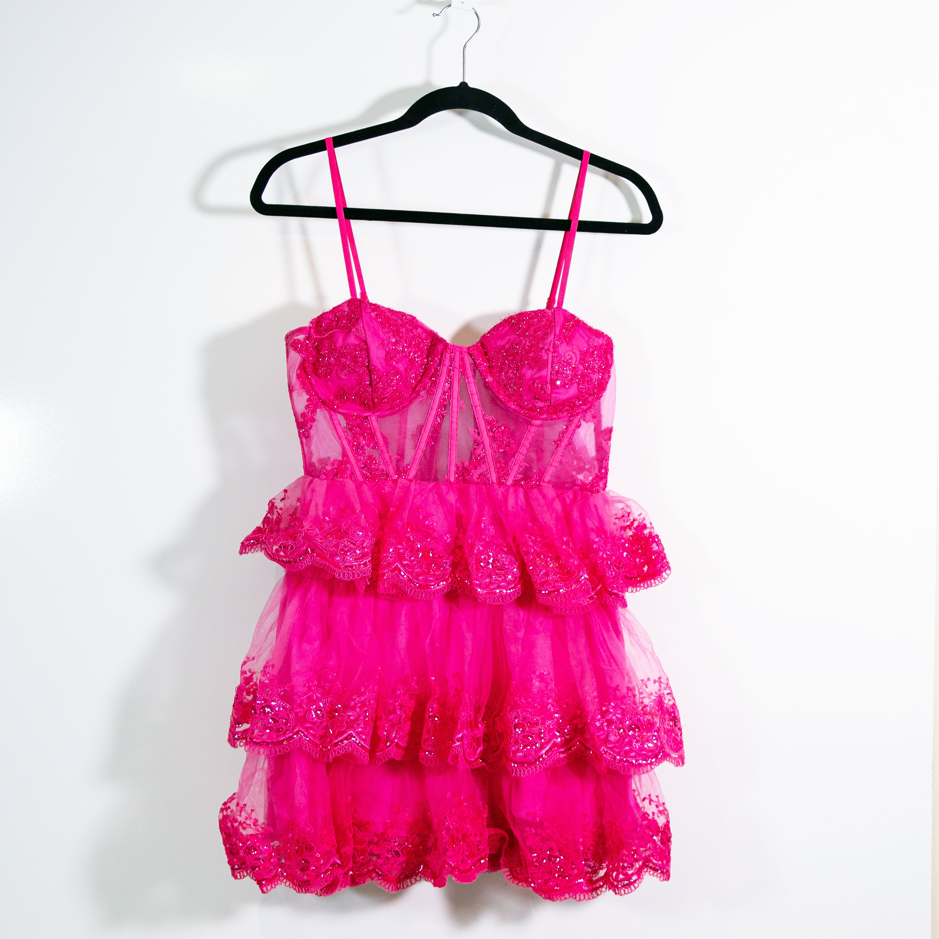 Lulus Exquisite Drama Hot Pink Embroidered Sequin Tiered Ruffle Mini Dress Small