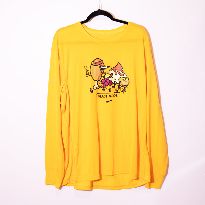 Brooks Running Feast Mode Graphic Print Crew Neck Long Sleeve Tee Shirt Yellow