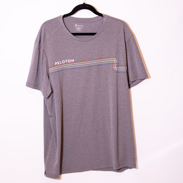 Peloton Men's Graphic Logo Multi Color Stripe Short Sleeve Crew Neck Tee Shirt