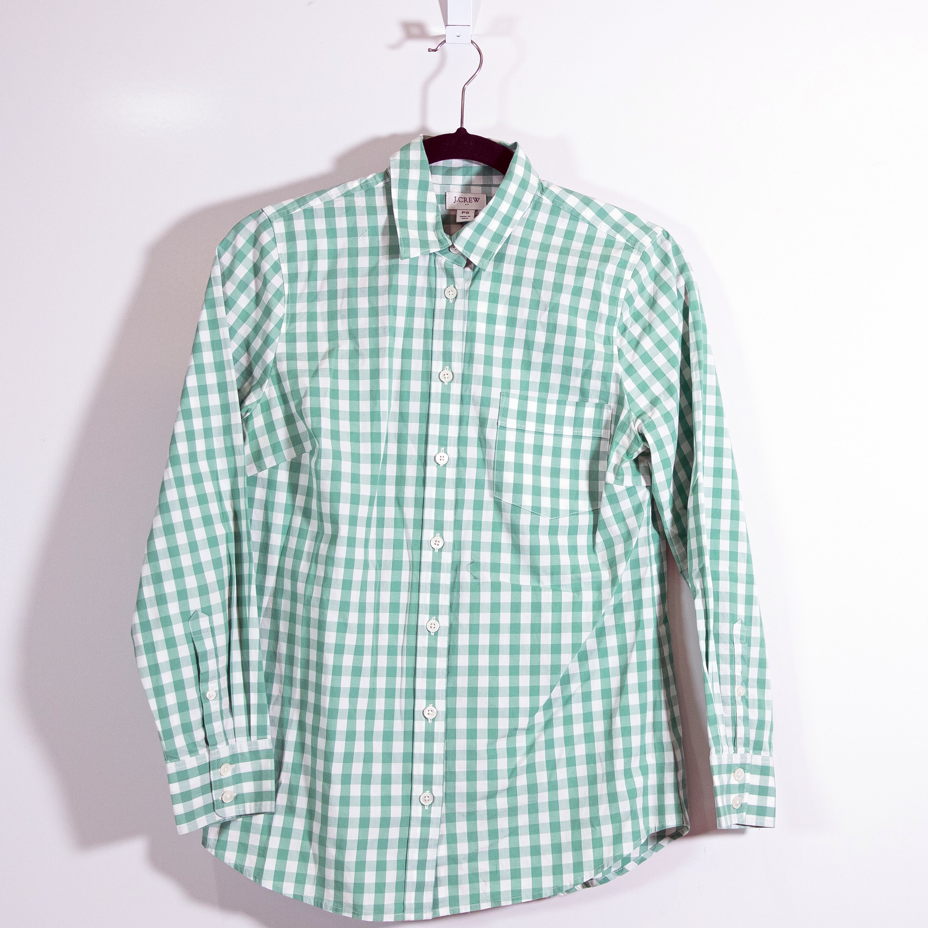 NEW J. Crew Petite Lightweight Cotton Blend Shirt In Signature Fit Green Gingham