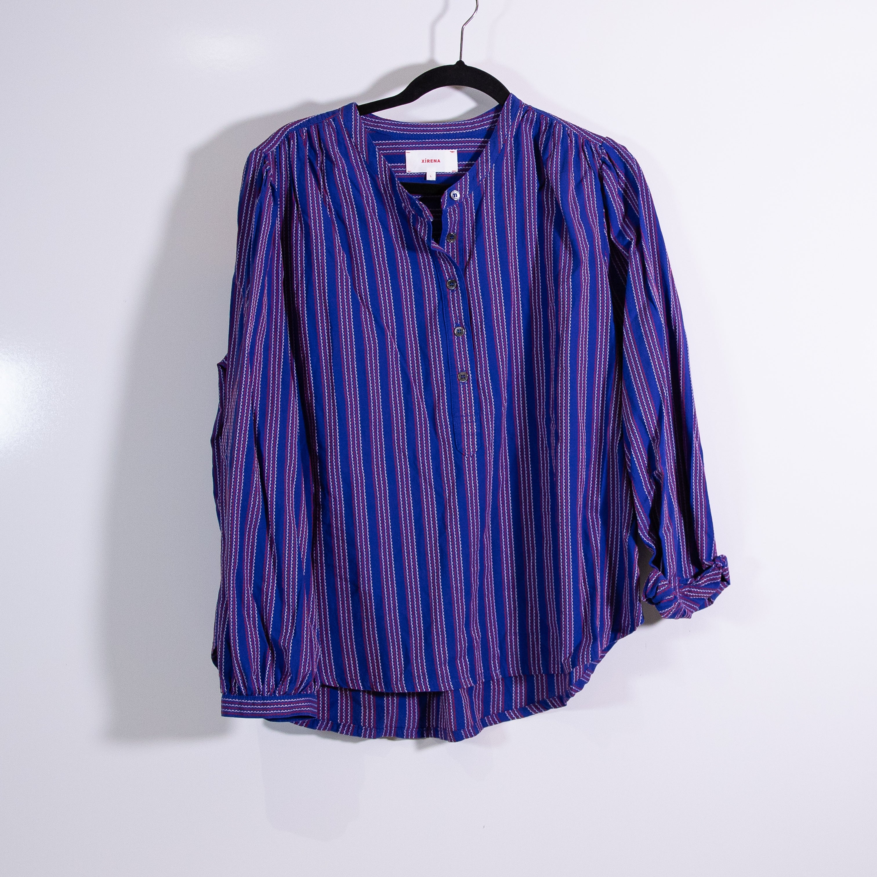 Xirena Cotton Blend Henley Neck Pullover Long Sleeve Striped Geometric Blouse L