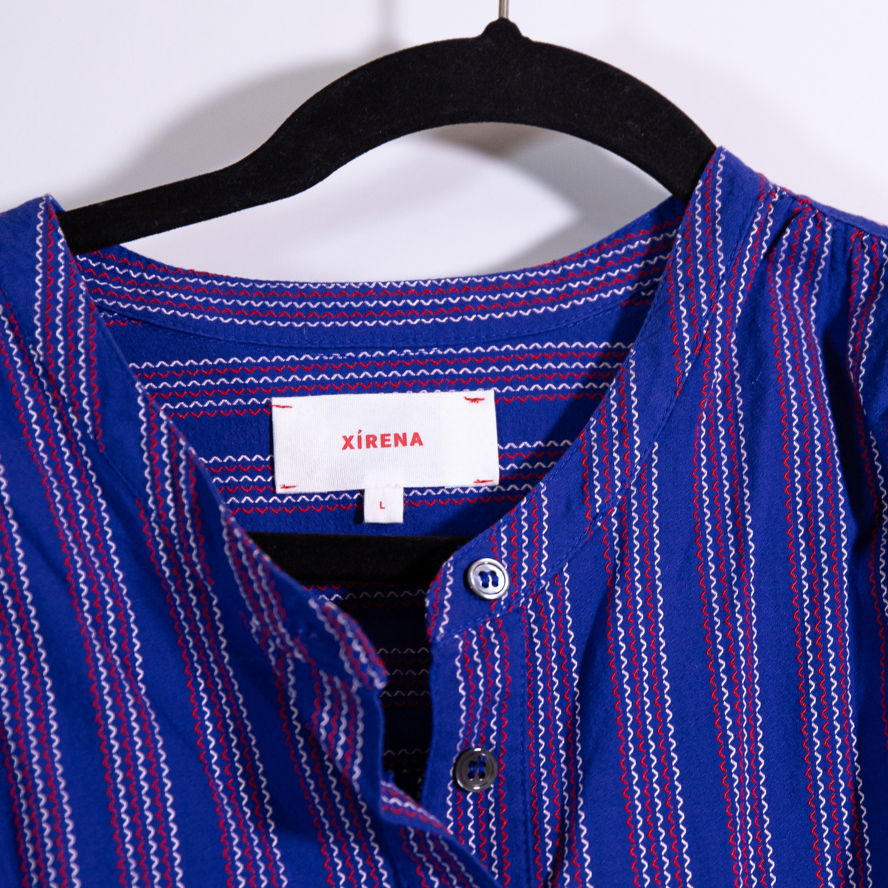 Xirena Cotton Blend Henley Neck Pullover Long Sleeve Striped Geometric Blouse L