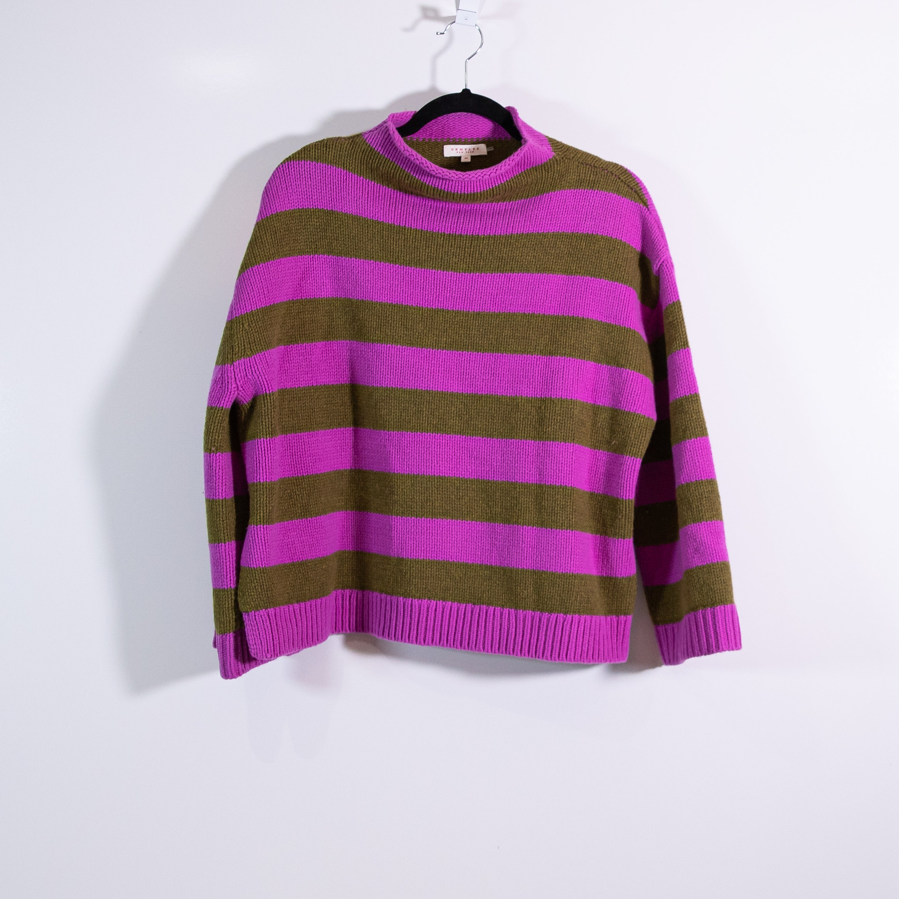 Demylee Wool Knit Stretch Mock Neck Pullover Purple Green Stripe Sweater XS
