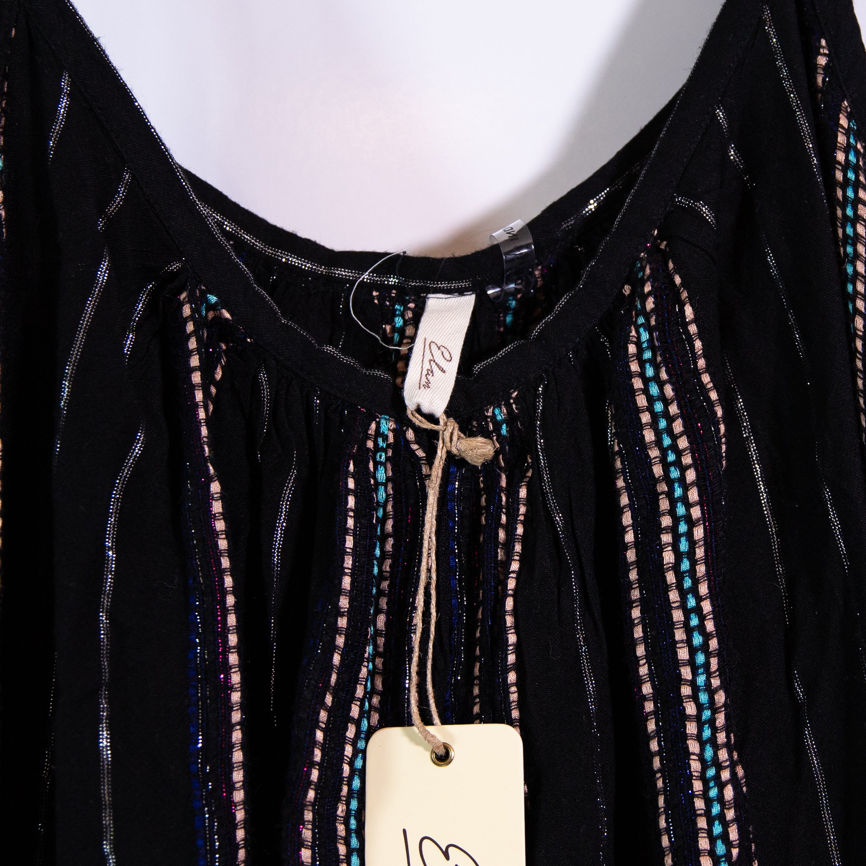 NEW Elan Tie Shoulder Metallic Stripe Print Woven Maxi Dress Swim Coverup Black