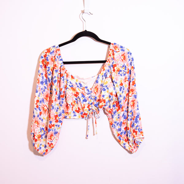 NEW L*Space Farryn Flowers Forever Print Pattern Puff Sleeve Cropped Top Blouse
