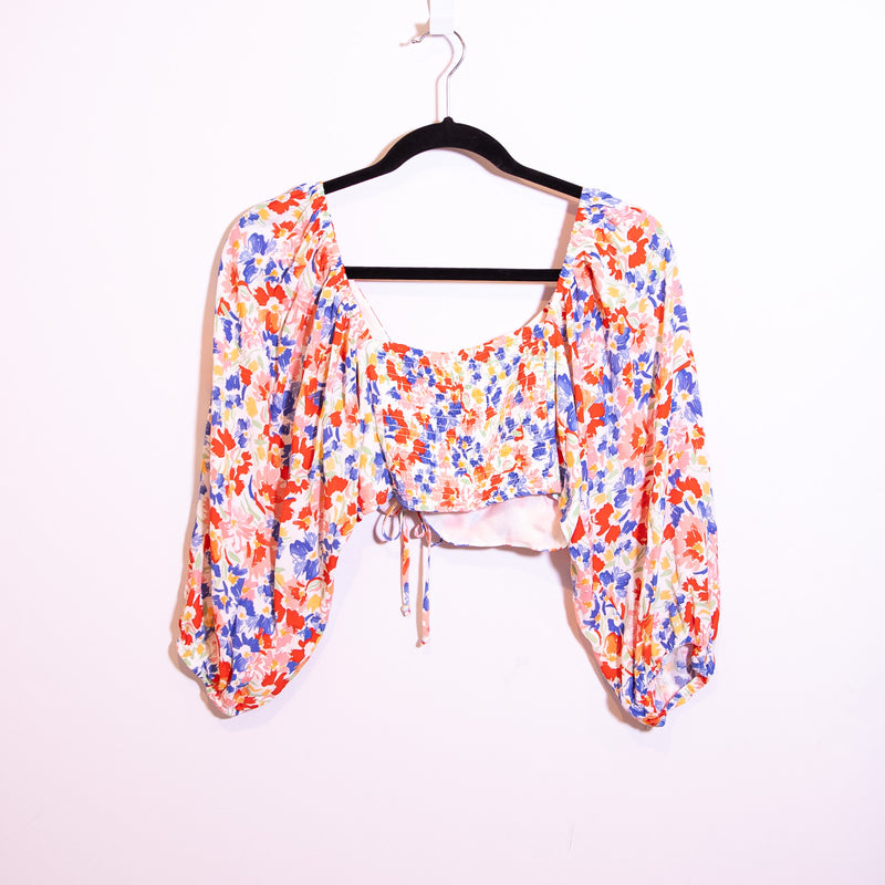 NEW L*Space Farryn Flowers Forever Print Pattern Puff Sleeve Cropped Top Blouse